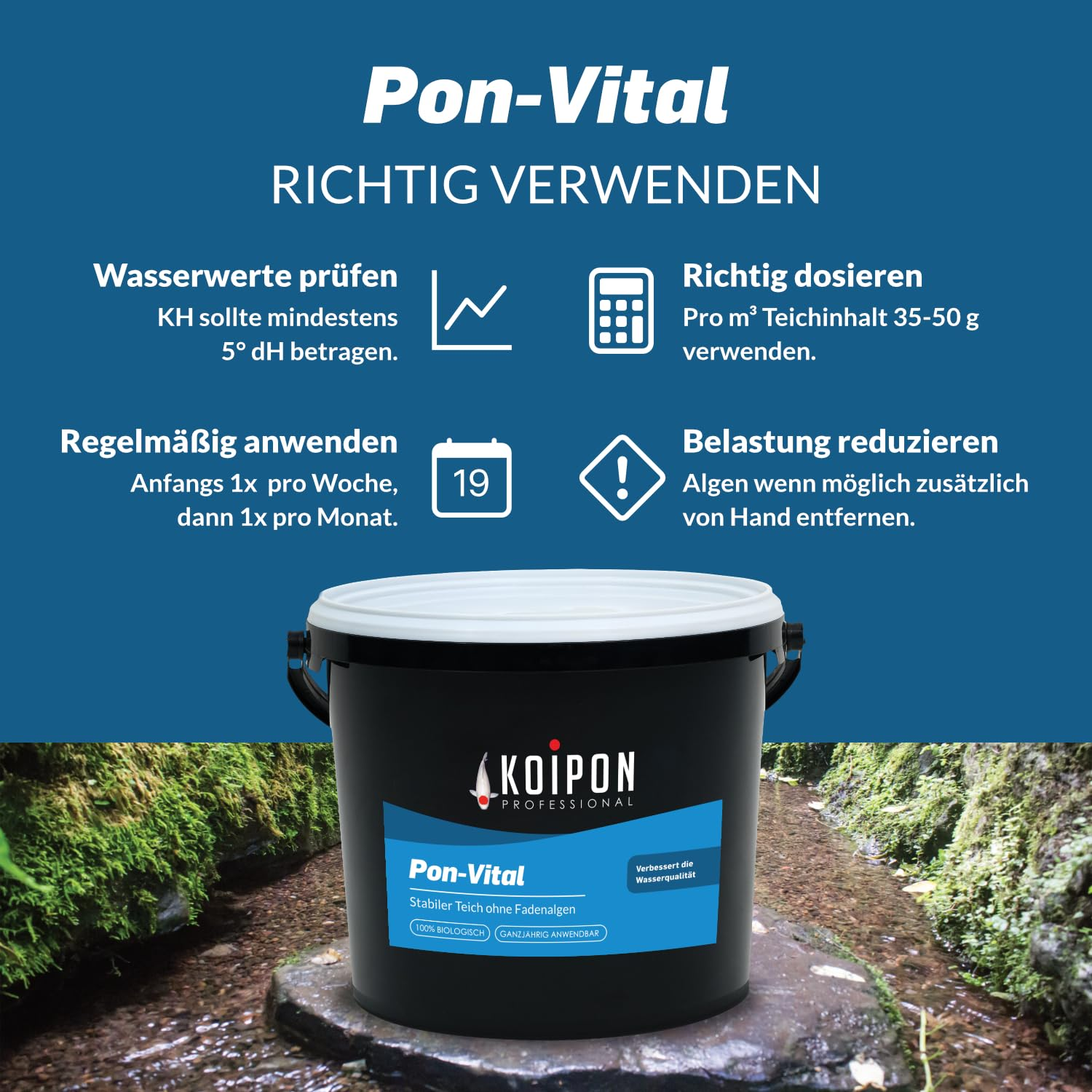Instructions d'utilisation de Pon-Vital avec un seau sur fond d'étang.