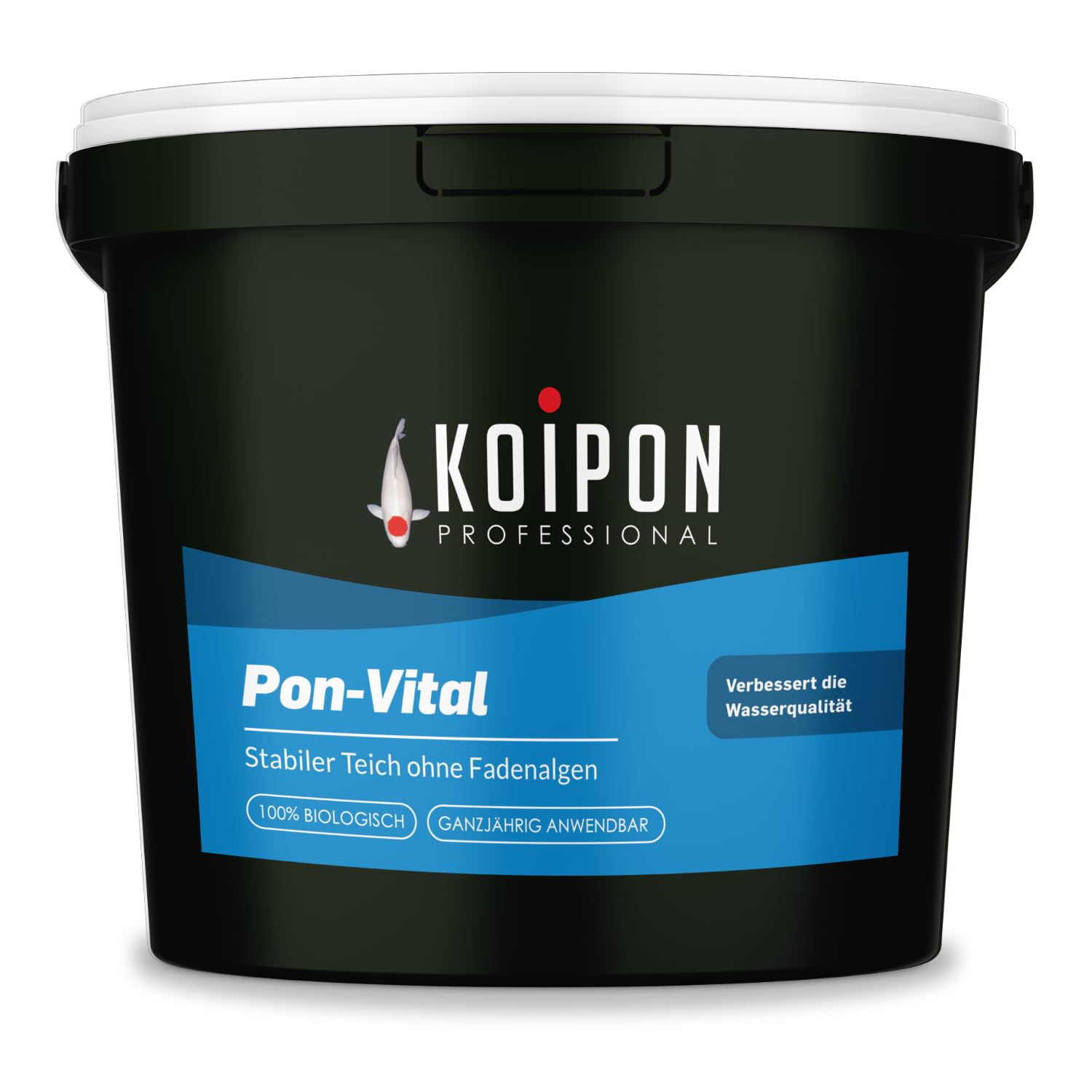 Seau en plastique noir avec couvercle blanc, étiqueté Koipon Pon-Vital pour bassin.
