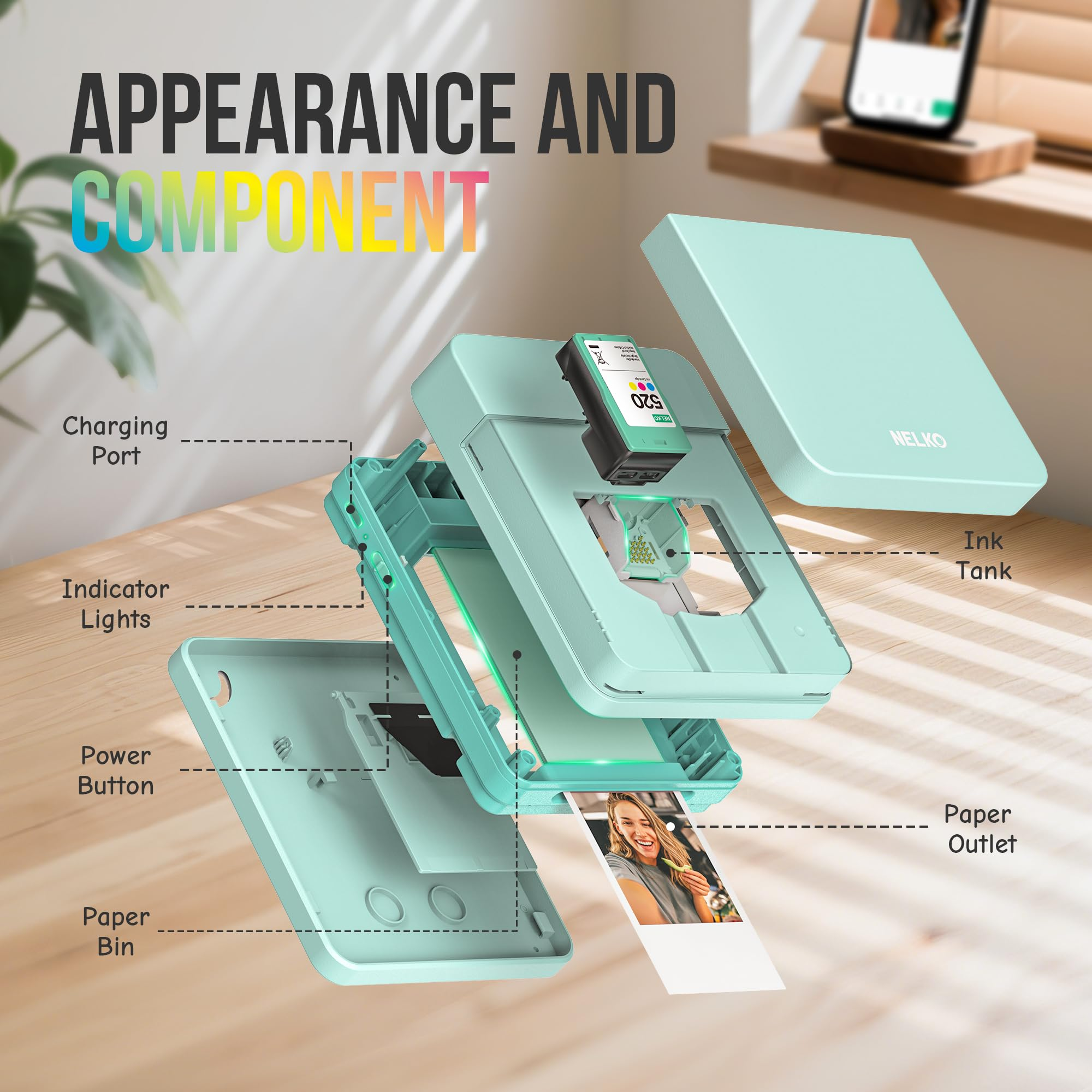 Diagramma esploso di una mini stampante verde chiaro che mostra i suoi componenti interni.