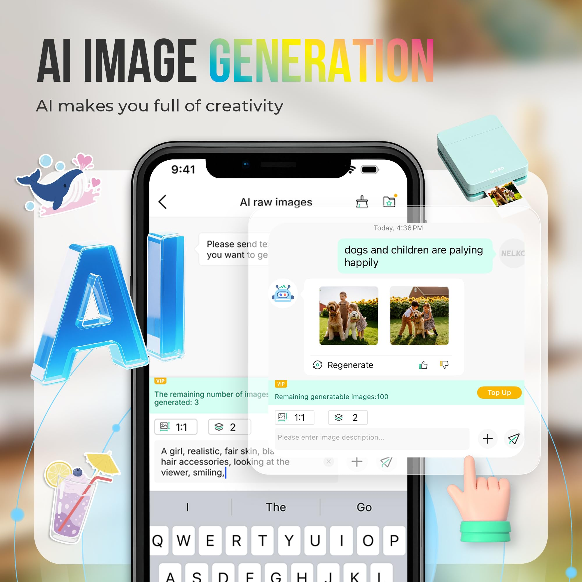 Smartphone con app di generazione immagini IA, interfaccia chat e lettere 3D.