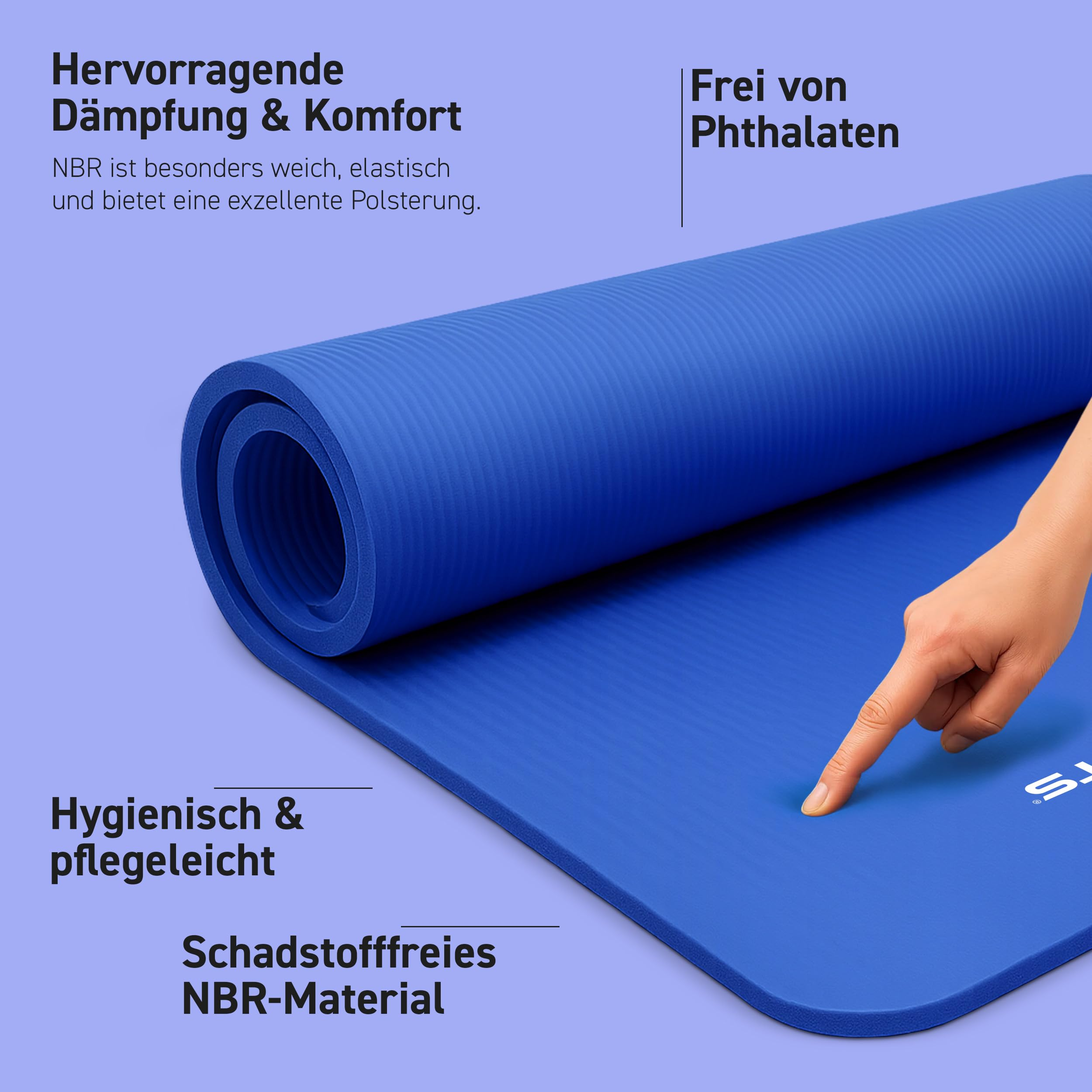 Eine Hand berührt eine weiche blaue Gymnastikmatte auf lilafarbenem Hintergrund mit deutschem Text.