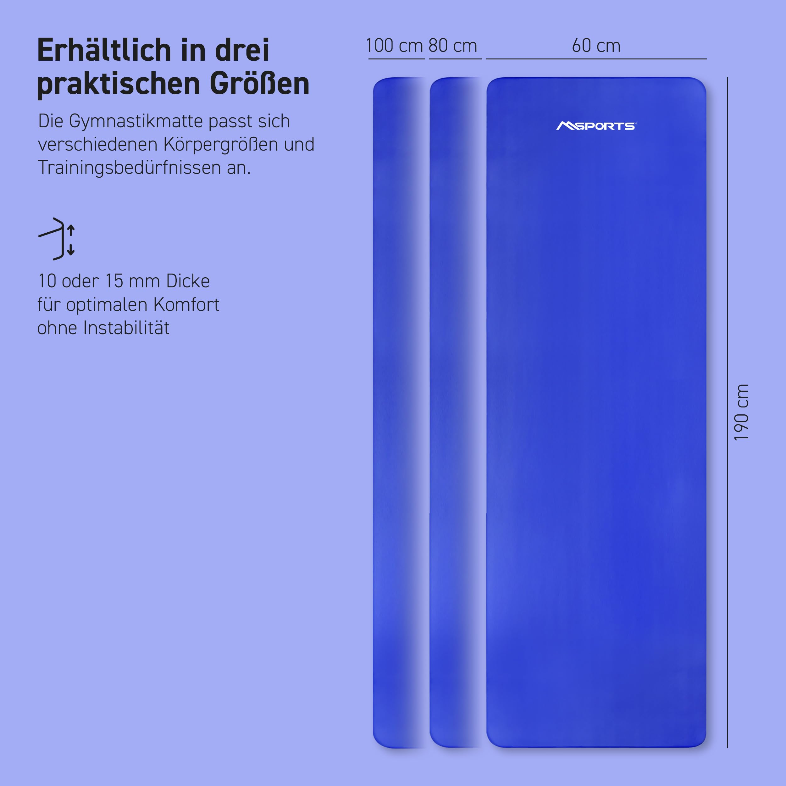 Drei blaue Gymnastikmatten in verschiedenen Größen auf lilac Hintergrund mit Text und Maßen.