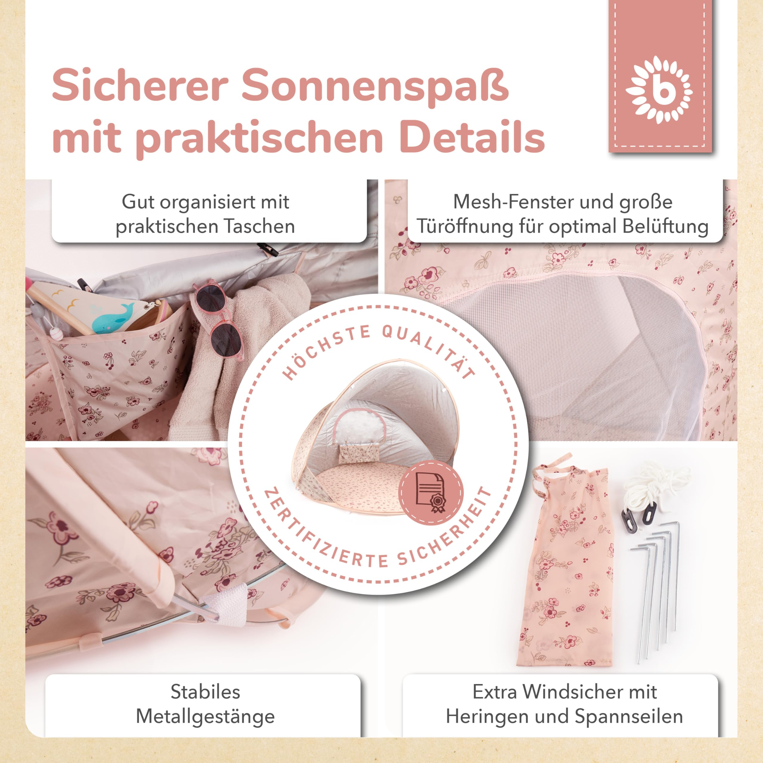 Aperçu d'une tente de plage rose pour bébé avec poches, fenêtre en filet, armature métallique, sardines et sac.
