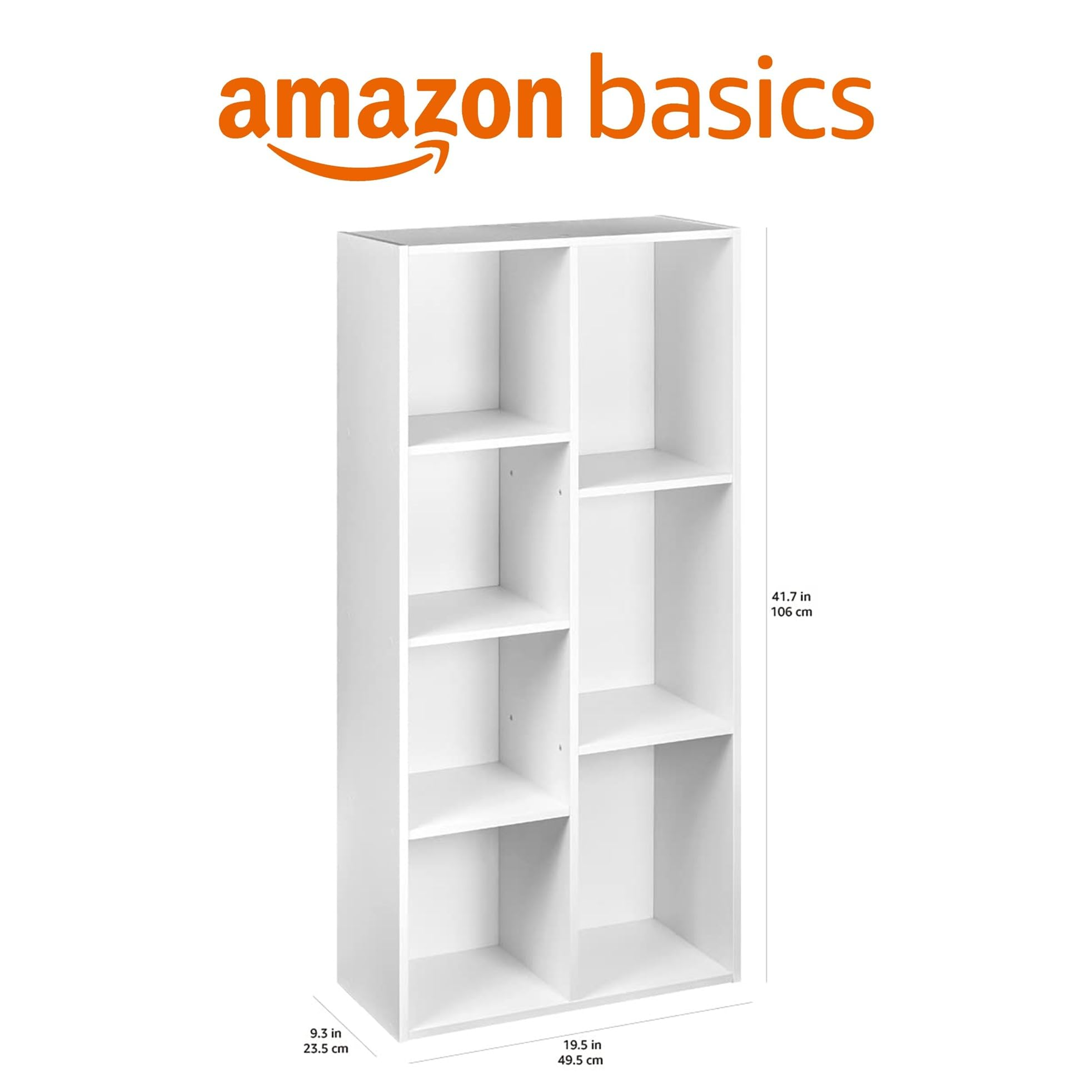 Étagère blanche à 6 cubes Amazon Basics avec dimensions sur fond blanc.