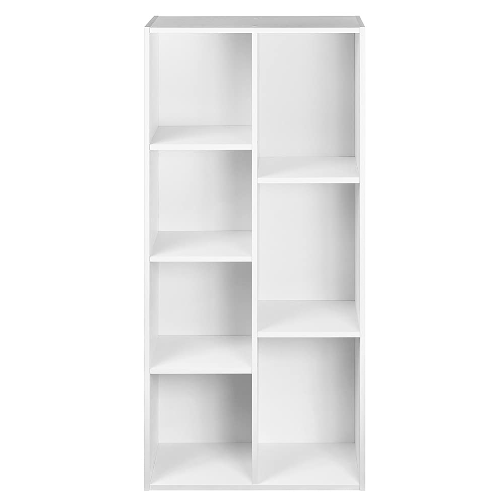 Une bibliothèque blanche autoportante avec deux sections verticales et des compartiments de tailles variées.