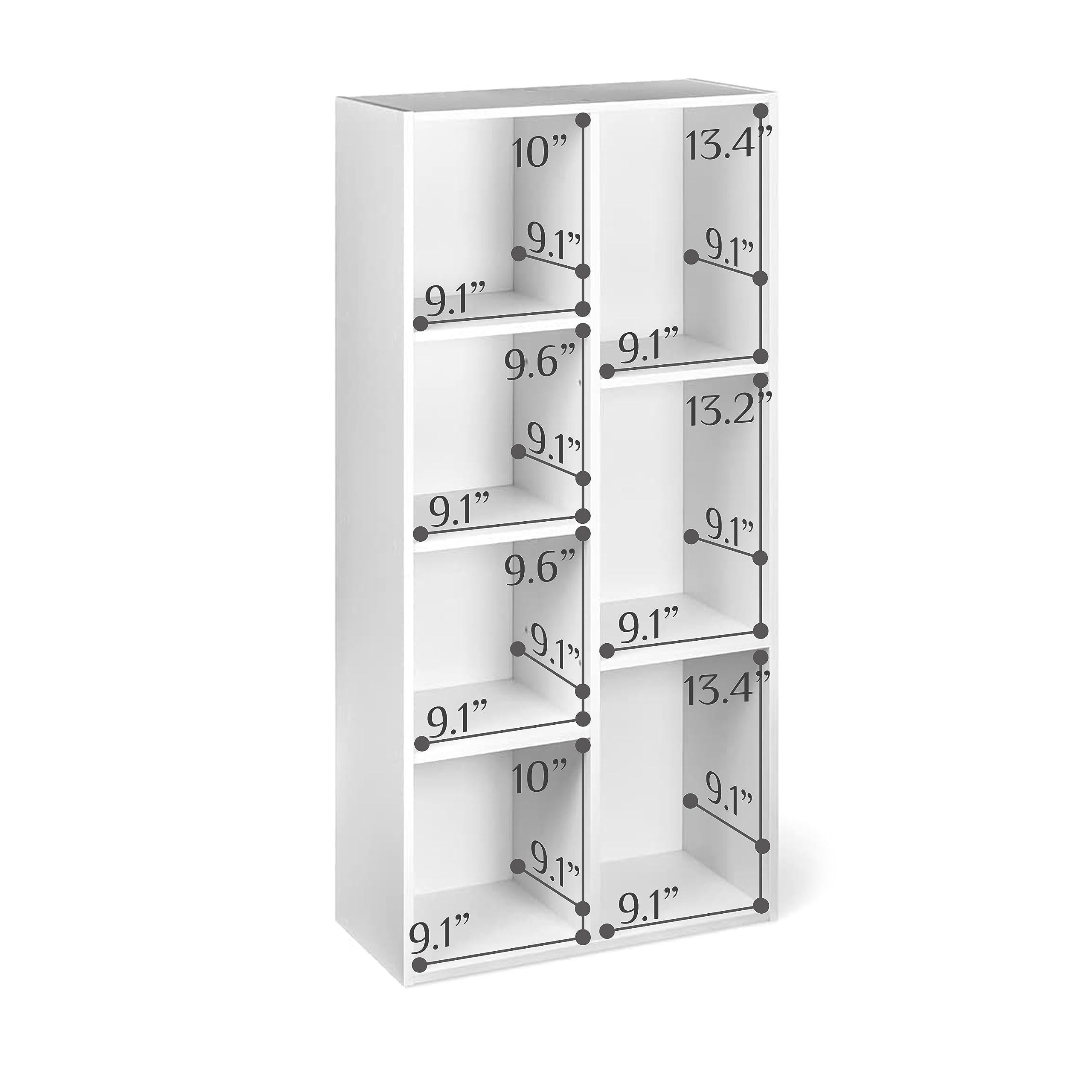 Bibliothèque blanche à huit compartiments avec des dimensions en pouces.