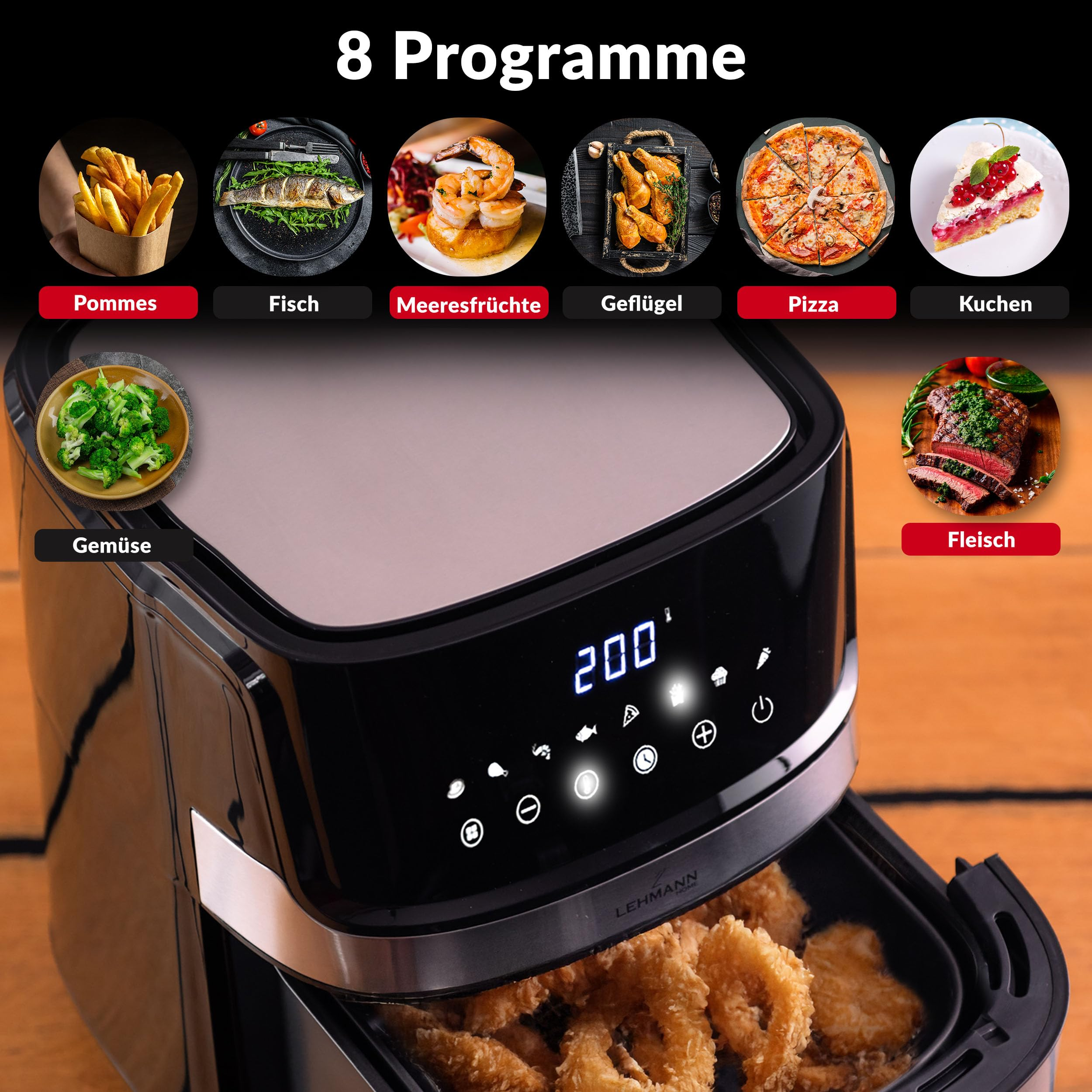 Friteuse à air noire avec écran numérique et huit icônes de nourriture rondes au-dessus.