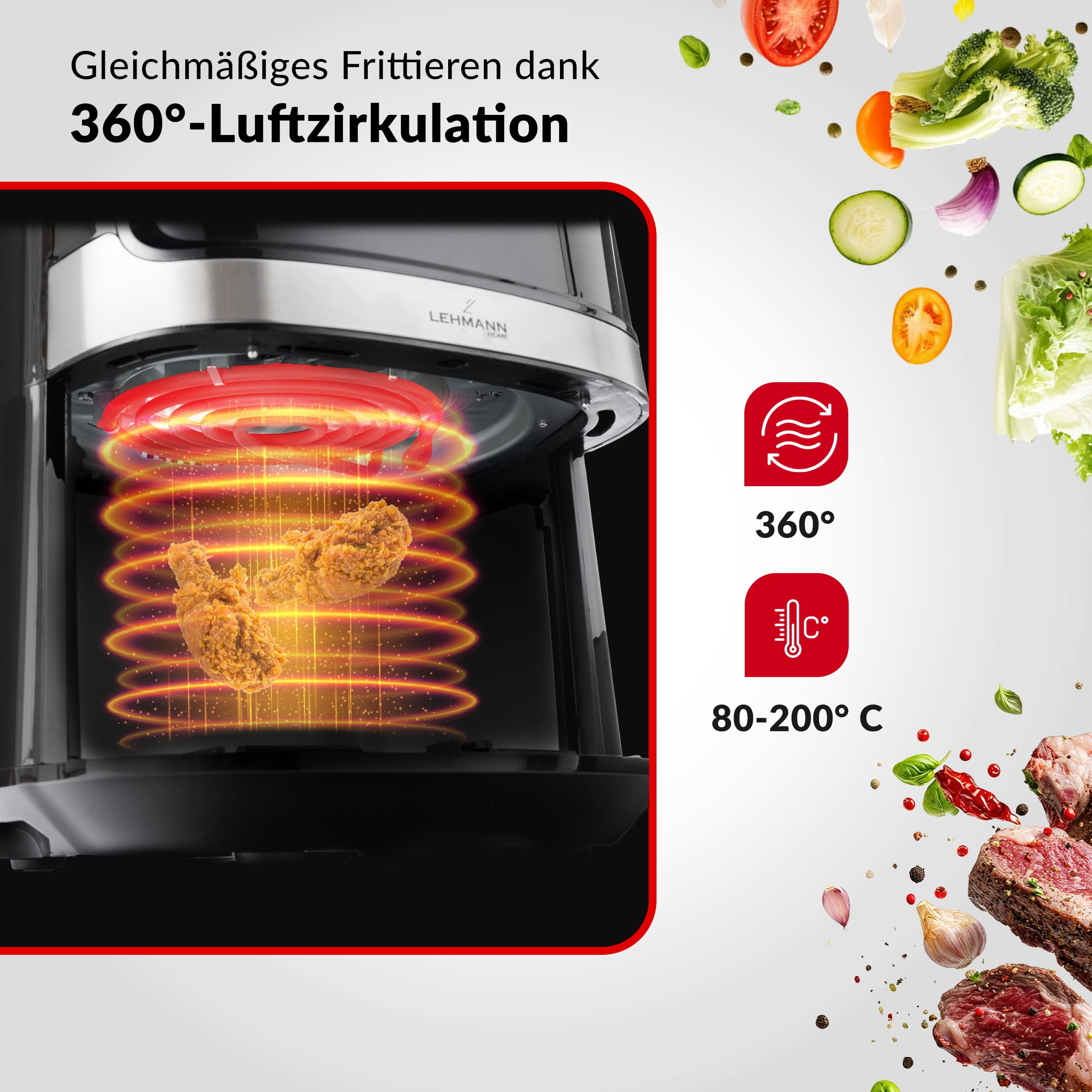 Friteuse à air avec circulation à 360 degrés cuit des cuisses de poulet, entourée de légumes et de viande.