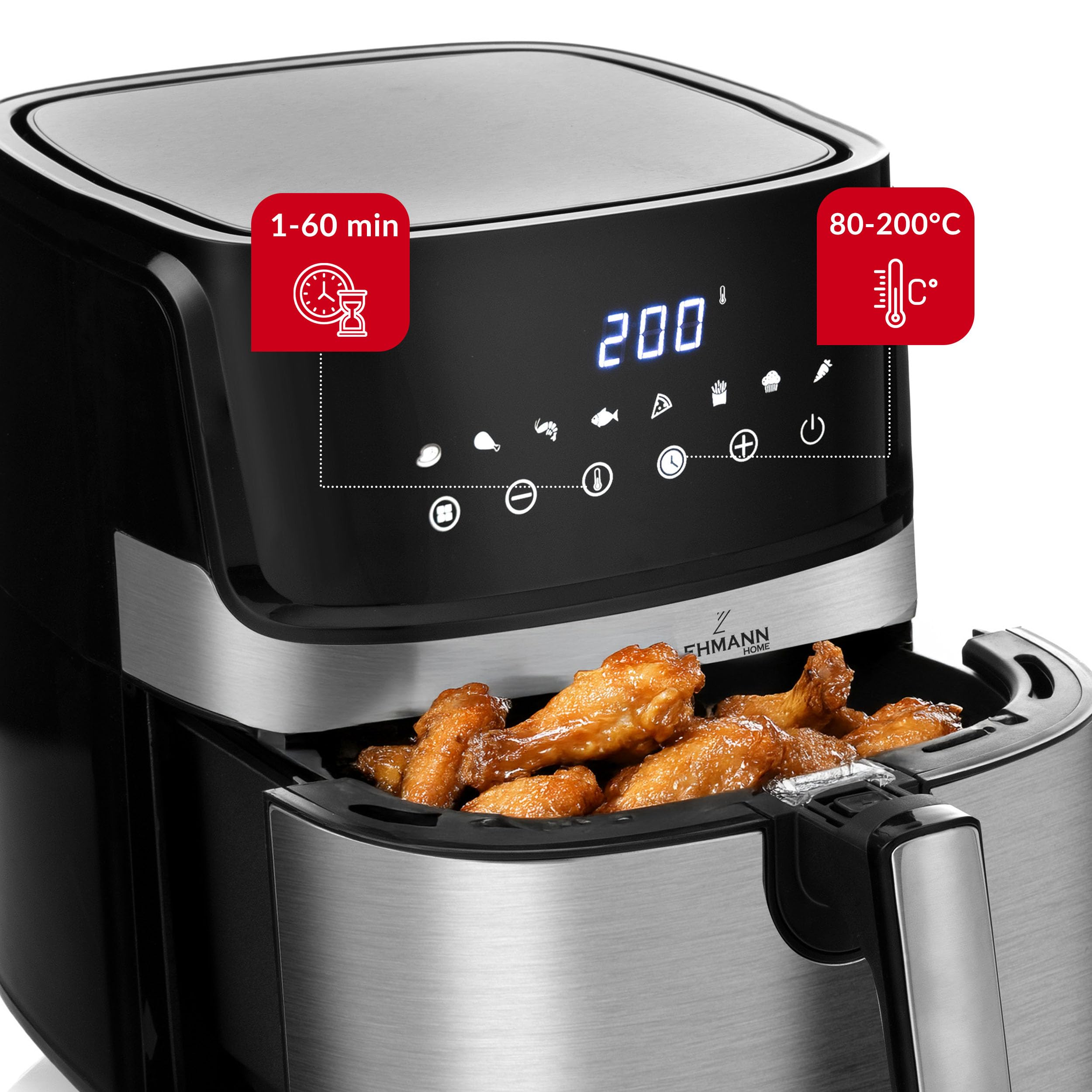Friteuse à air noire avec écran numérique montrant des ailes de poulet dans le panier ouvert.