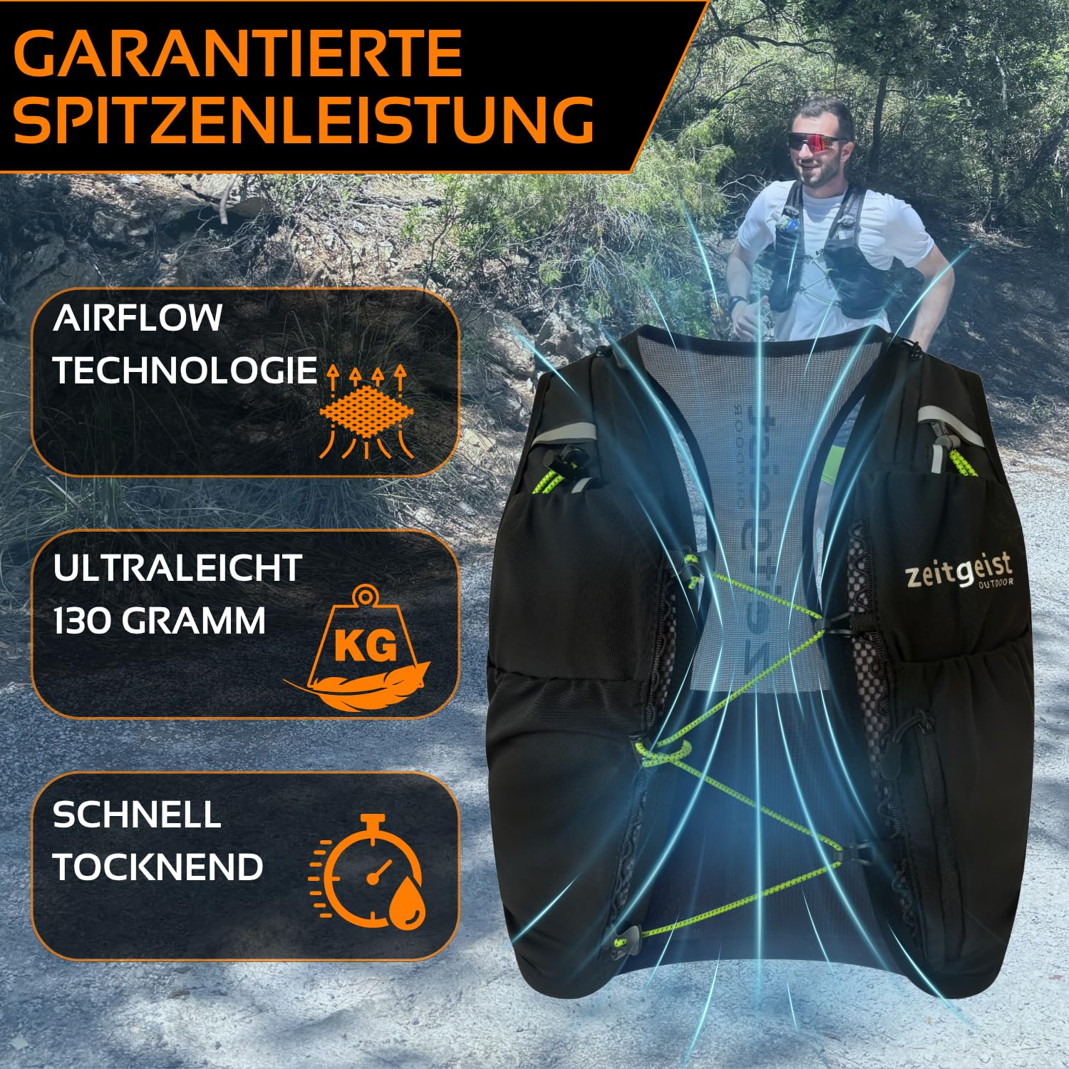 Schwarze Laufweste auf Trail, mit Airflow-Technologie, 130g leicht, schnelltrocknend und ein Läufer im Hintergrund.