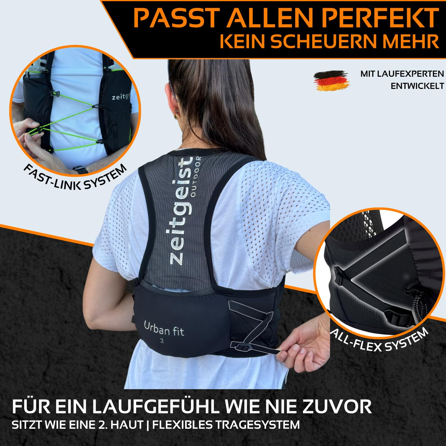 Eine Frau trägt einen schwarzen Laufrucksack. Zwei Inset-Bilder zeigen Details des Rucksacks und den Text auf Deutsch.