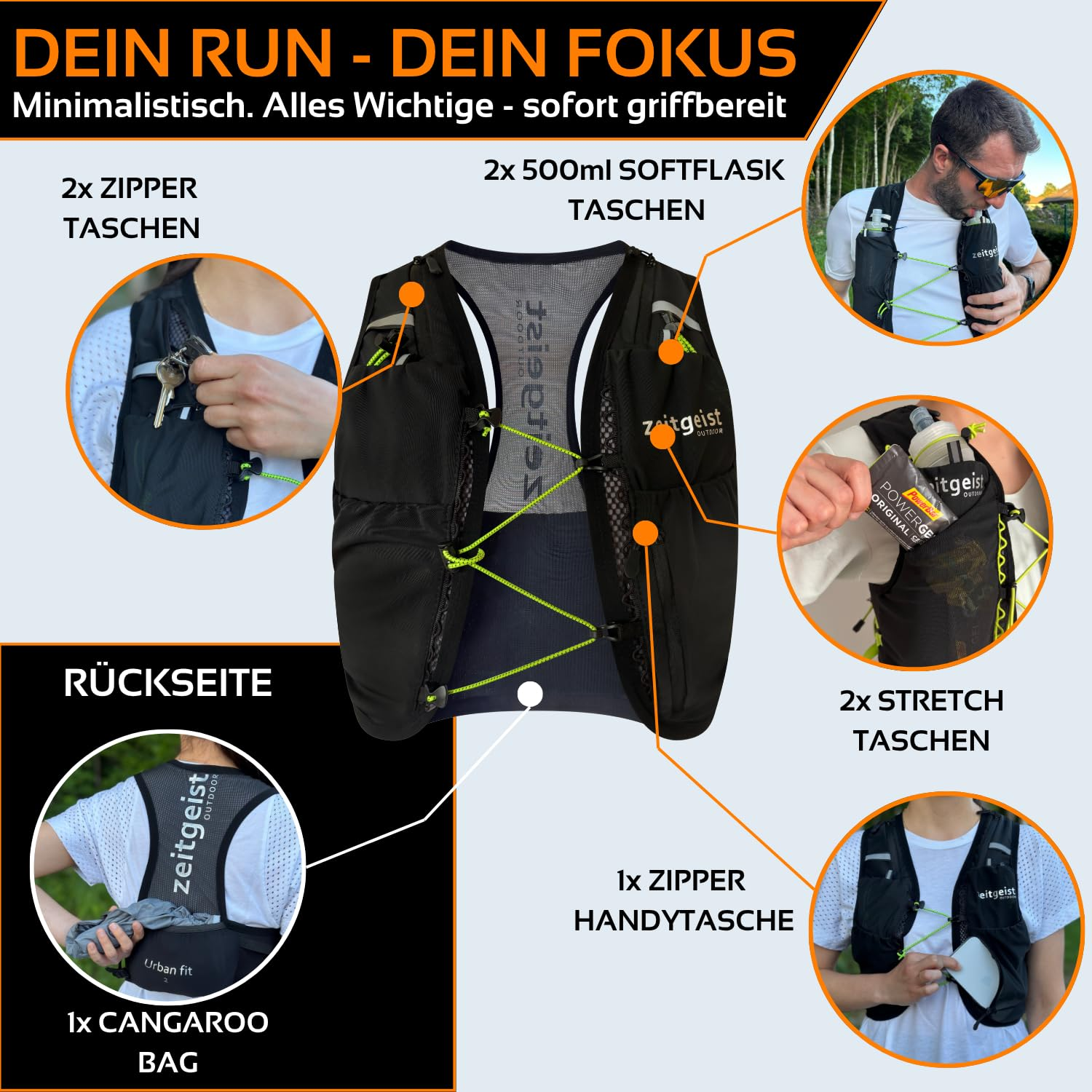 Eine schwarze Laufweste mit mehreren Taschen, Softflasks und praktischen Details für den Laufsport.
