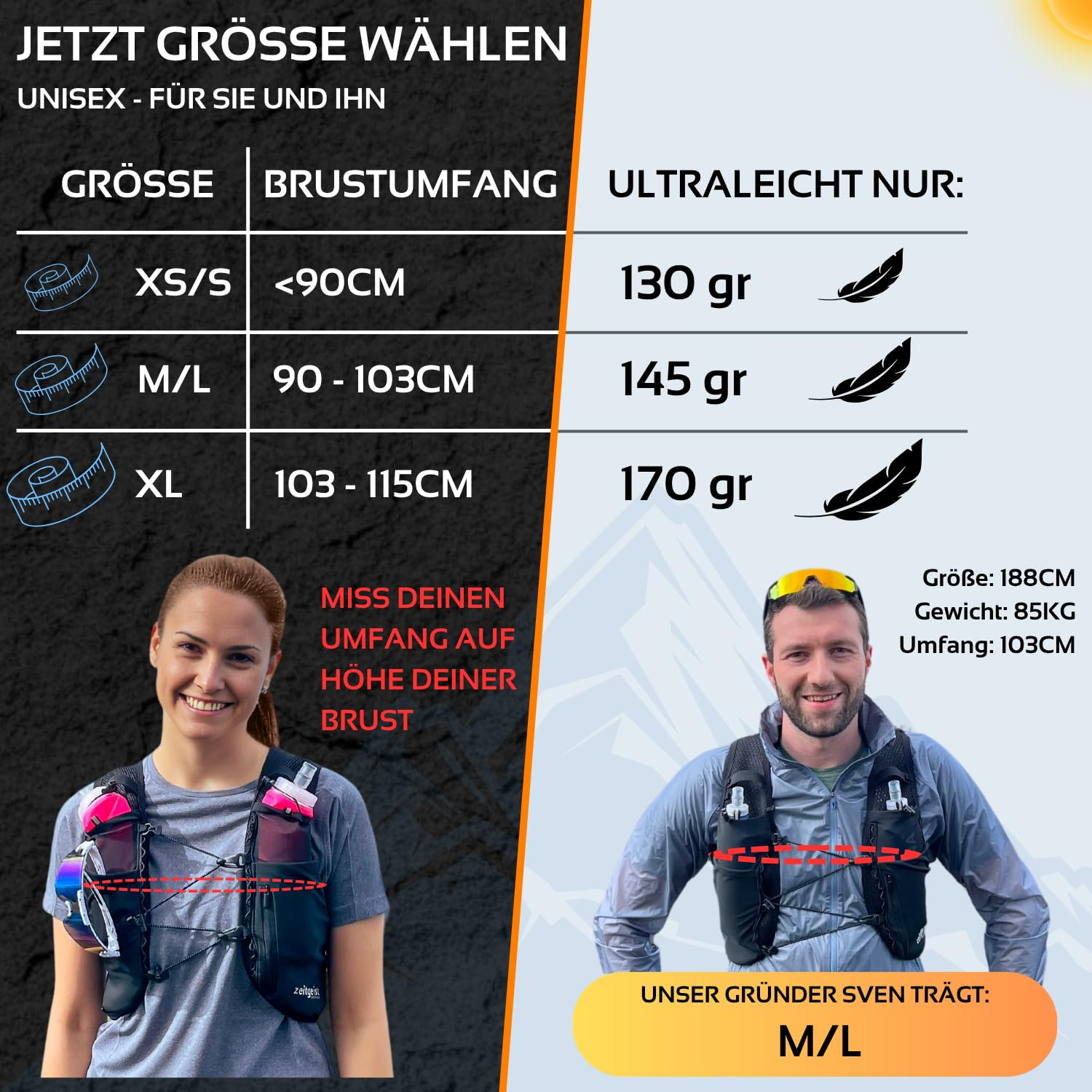 Größentabelle für Unisex-Laufwesten mit Brustumfang und Gewicht für verschiedene Größen.