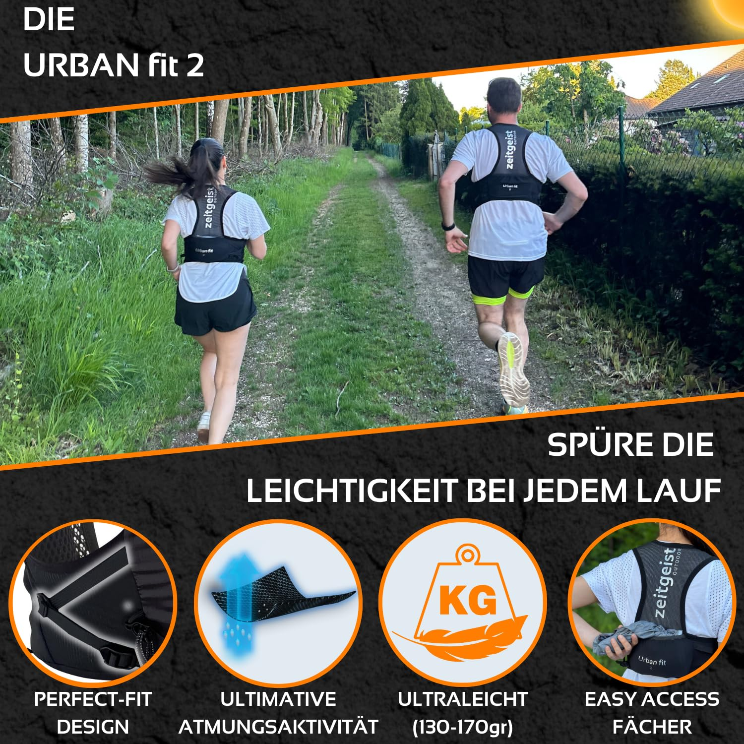 Zwei Läufer mit Laufwesten auf einem Feldweg und vier Icons mit Produktmerkmalen unten.