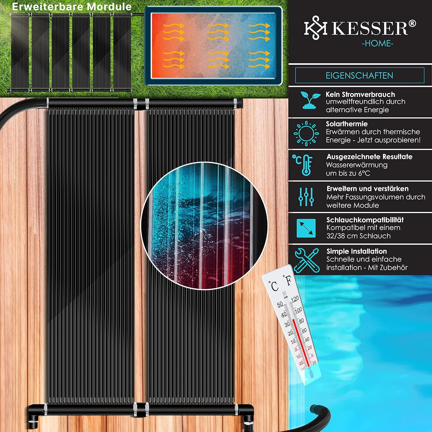 Riscaldatore solare Kesser con caratteristiche ecologiche, energia solare termica e facile installazione.