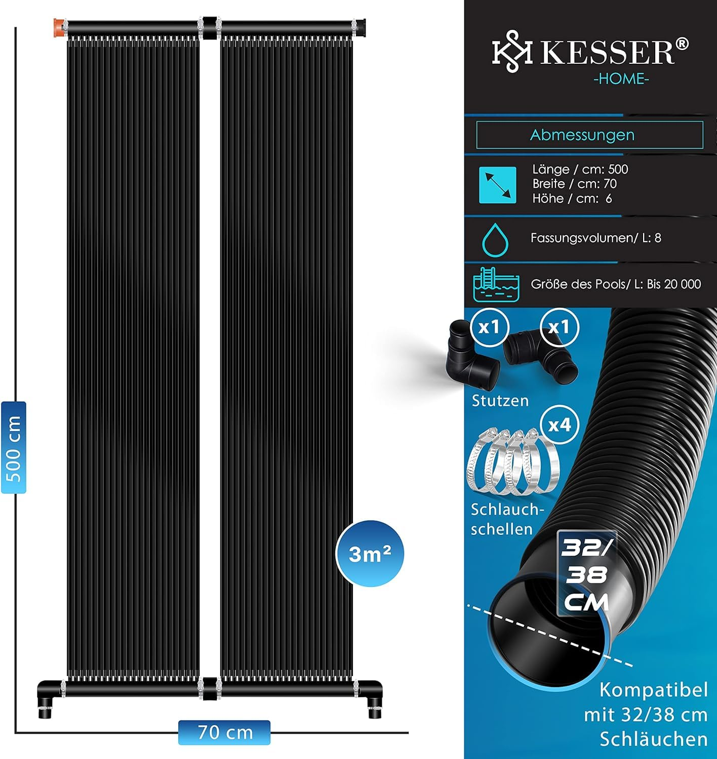 Assorbitore solare nero per piscina Kesser con dimensioni, raccordi e fascette.