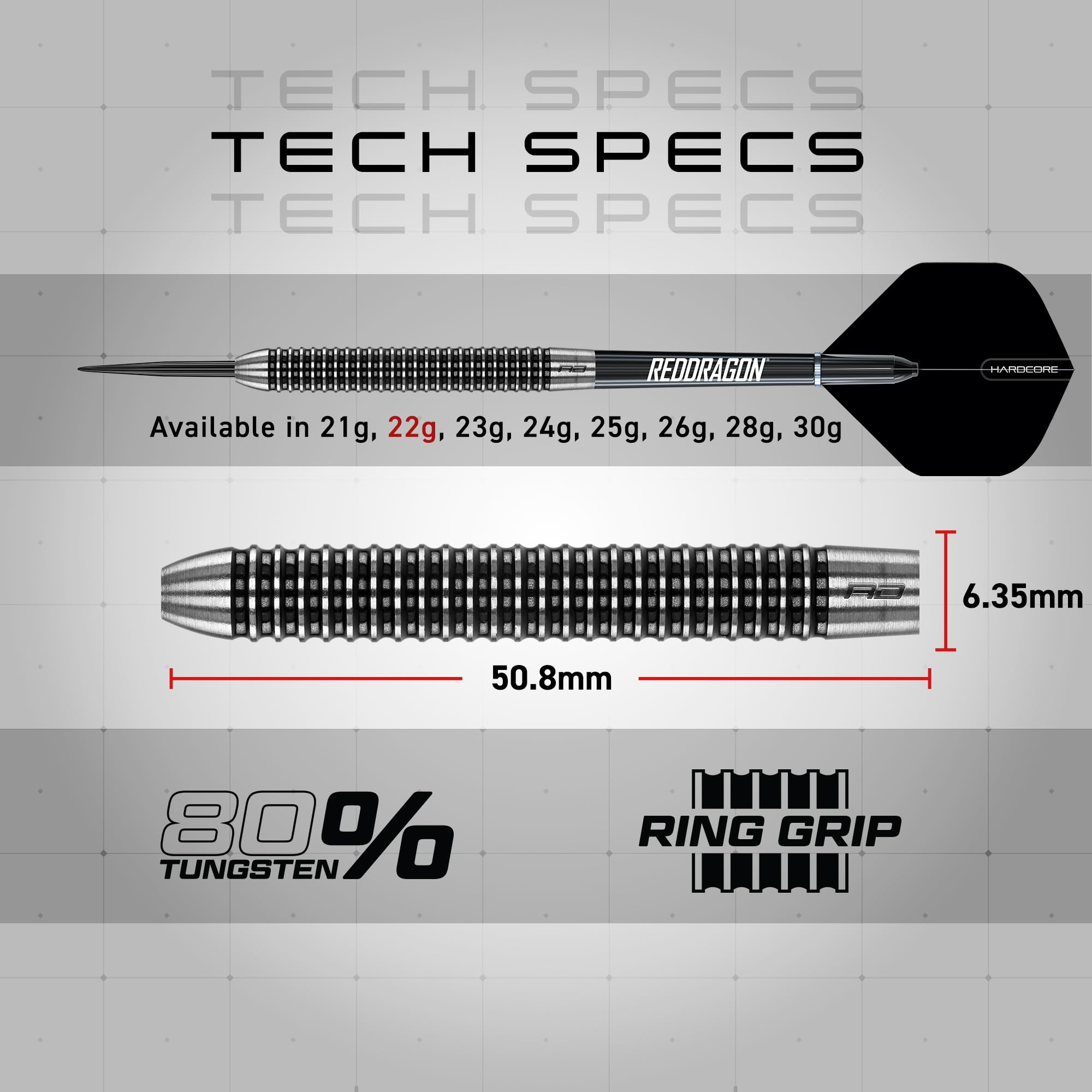 Technische Daten eines Red Dragon Dartpfeils mit 80% Wolfram, Ring Grip, Maßen 50,8x6,35mm und Gewichtsoptionen.
