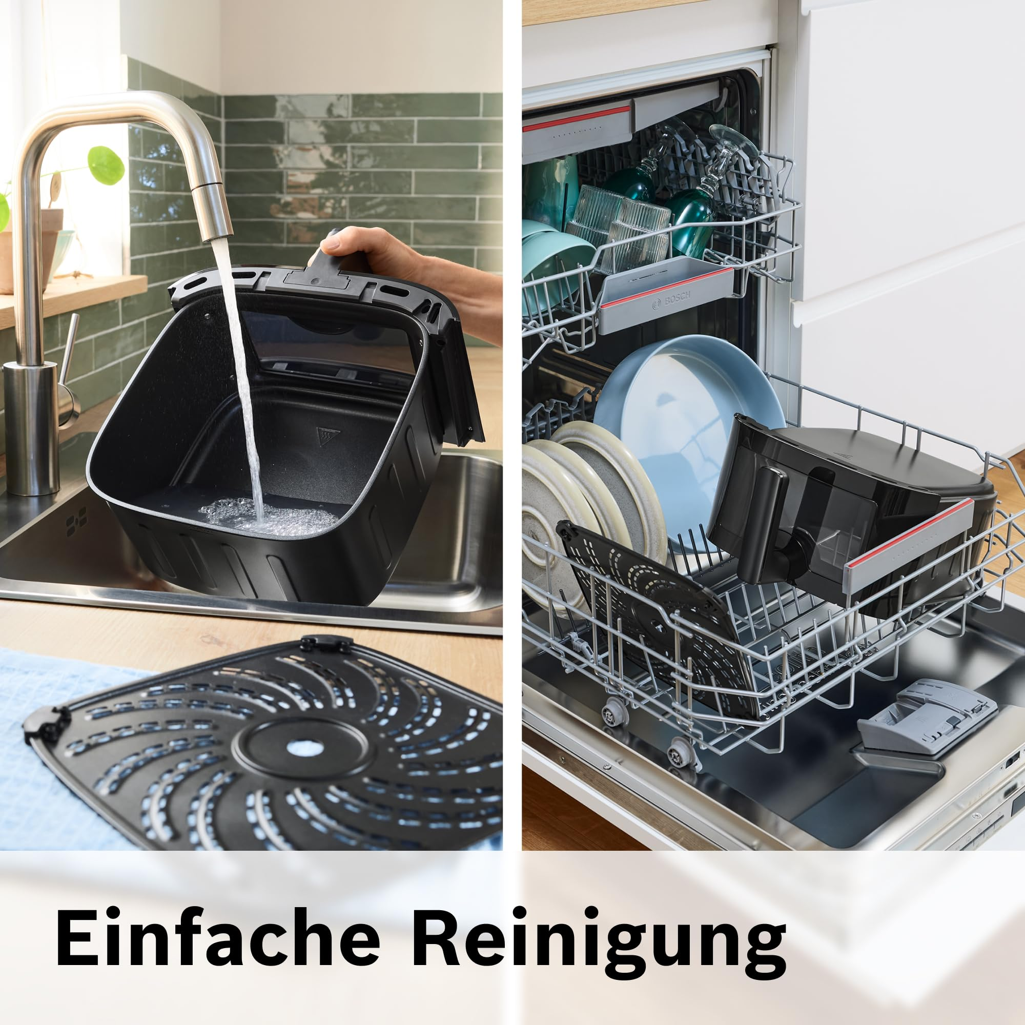Nettoyage facile d'une friteuse sans huile dans l'évier et le lave-vaisselle.