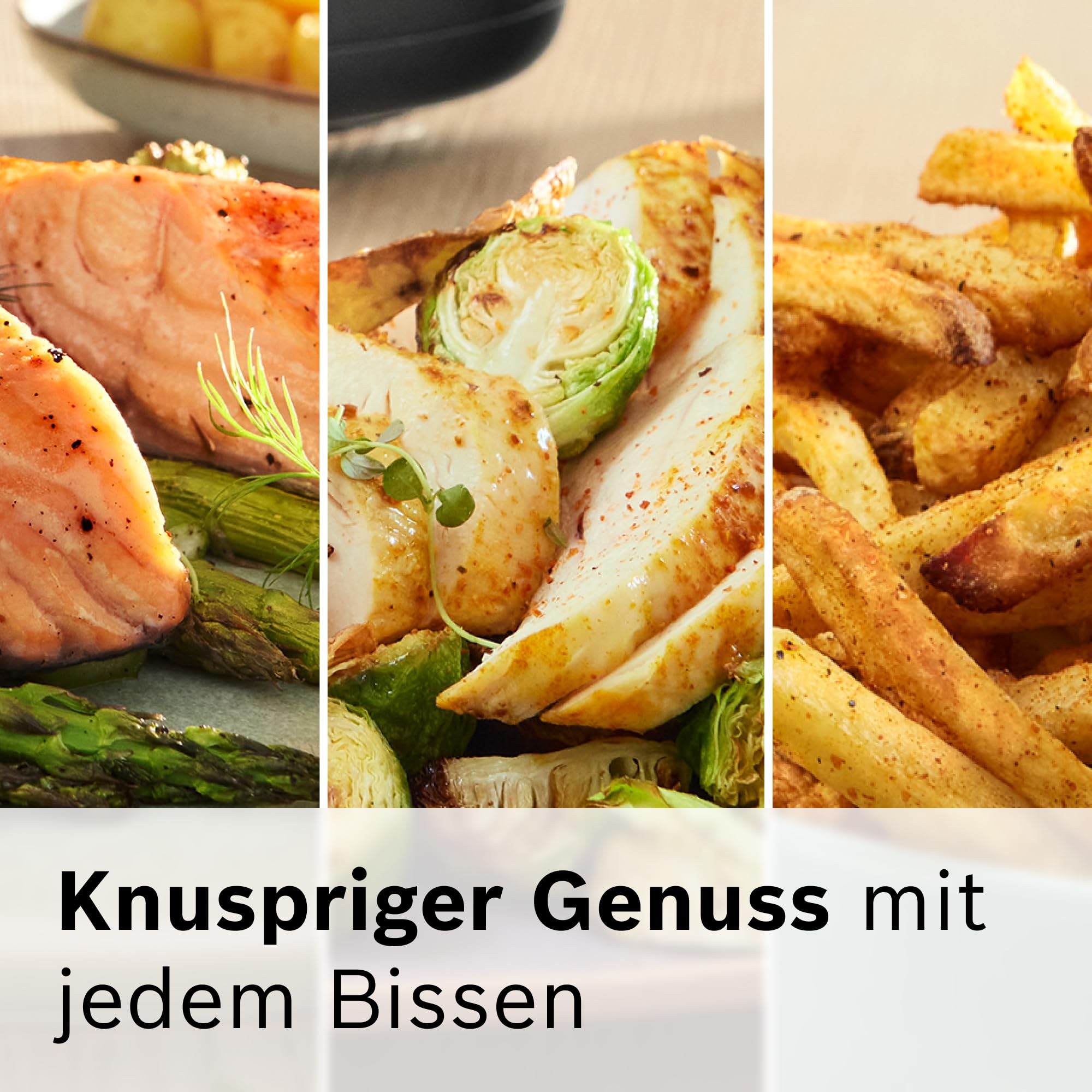 Trois panneaux montrant des plats: saumon aux asperges, poulet aux choux de Bruxelles et frites, avec du texte.