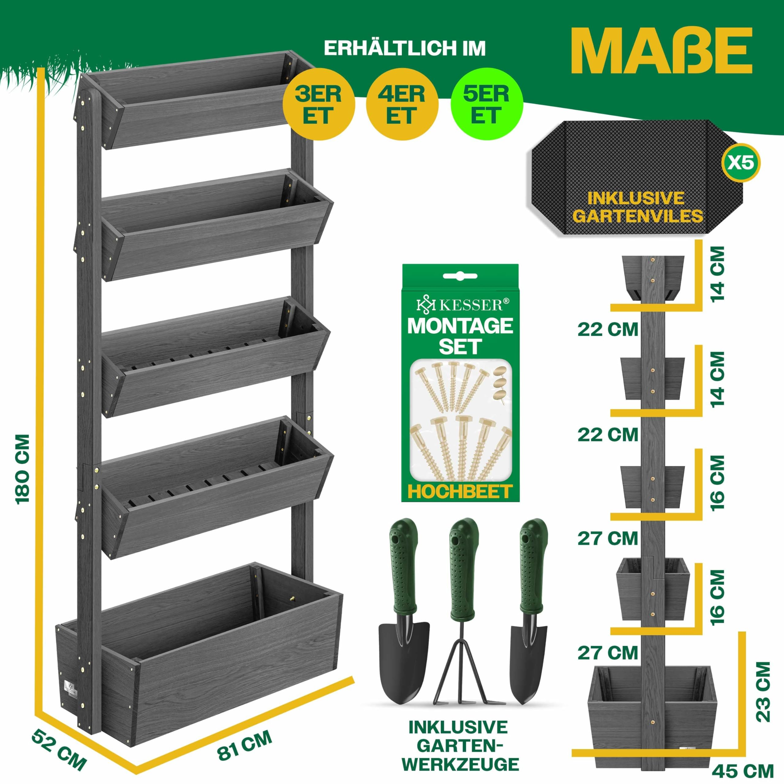 Fioriera verticale in legno grigio a 5 livelli con dimensioni, kit di montaggio, attrezzi e telo.