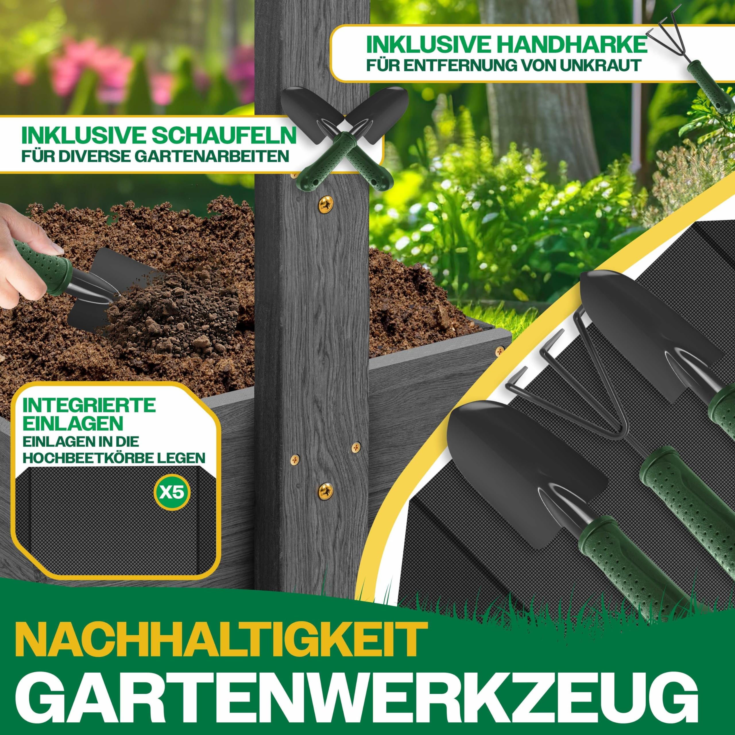 Una mano usa una paletta in un orto rialzato, con attrezzi da giardino e testo tedesco.