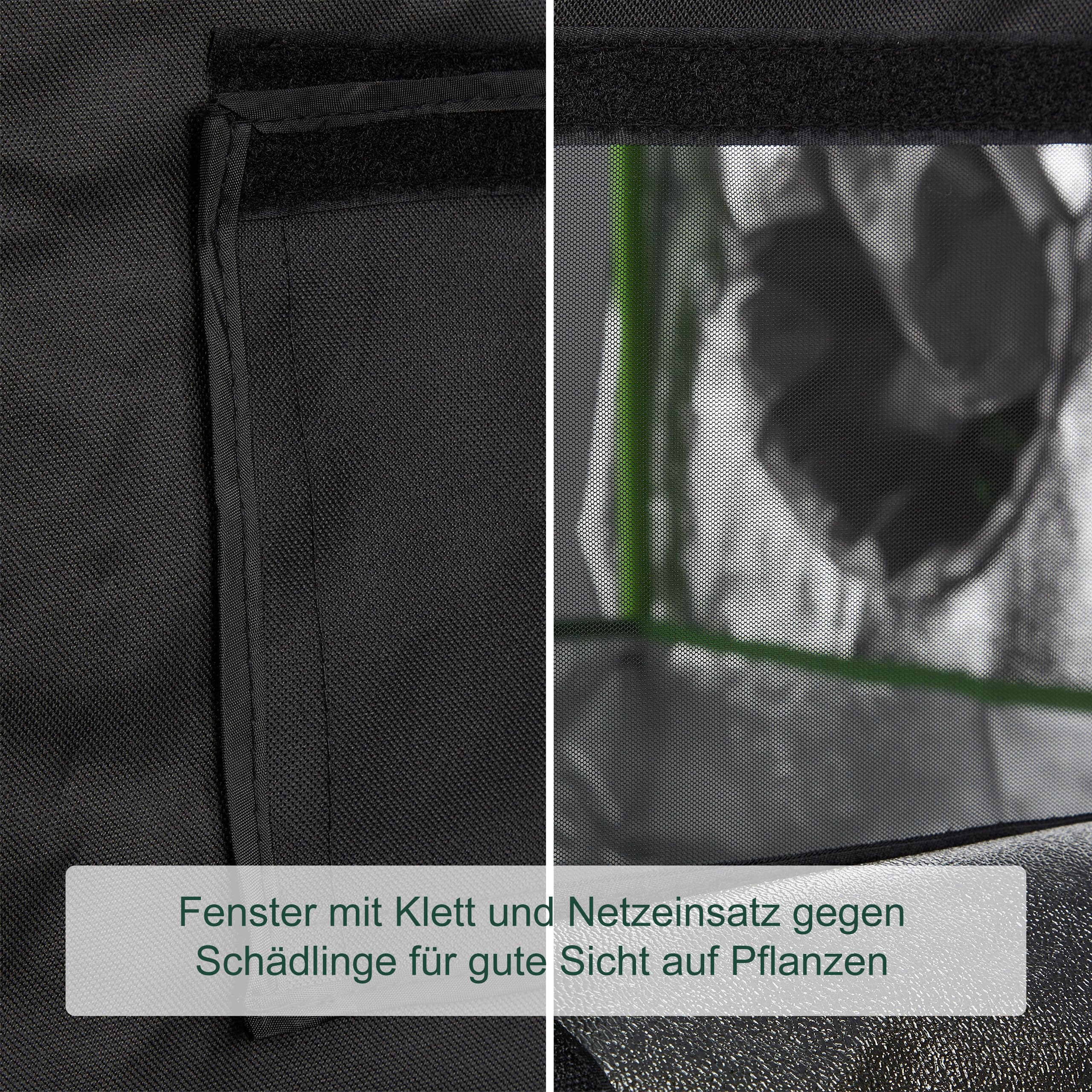 Primo piano di una patta di tenda da coltura nera con finestra in rete e velcro.