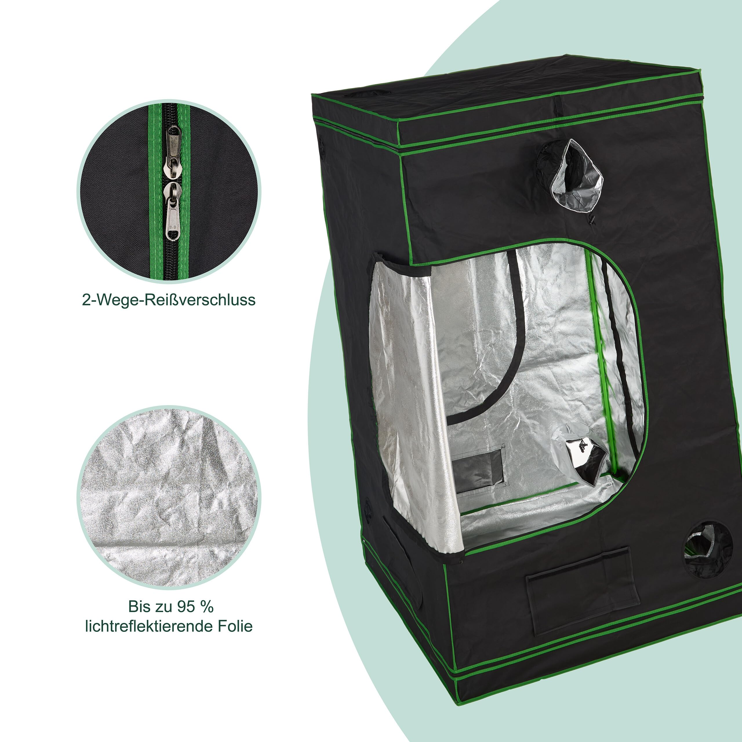 Grow box nera con bordatura verde, cerniera e rivestimento interno riflettente.