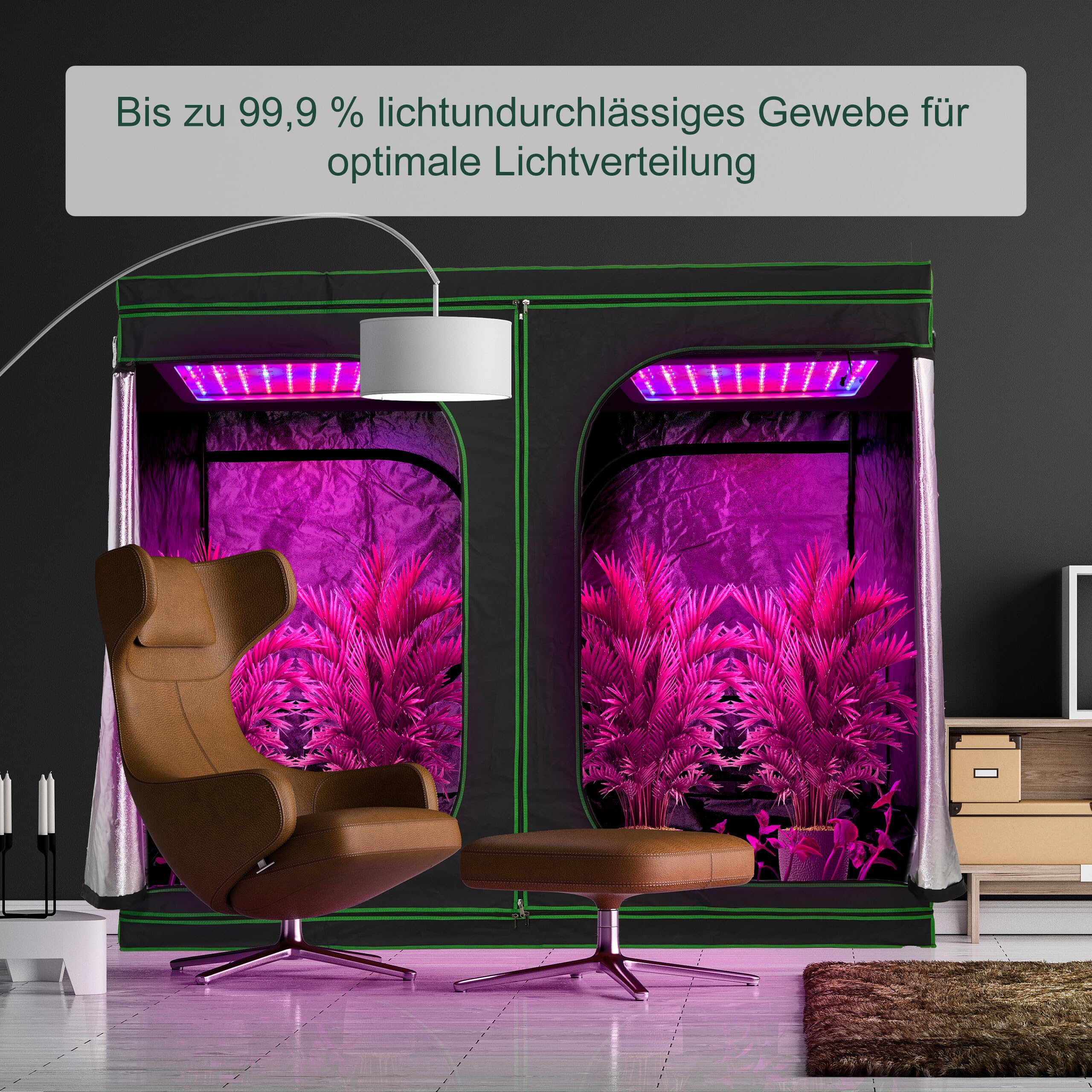 Grow box da interno con luci LED viola, piante e poltrona marrone in una stanza moderna.