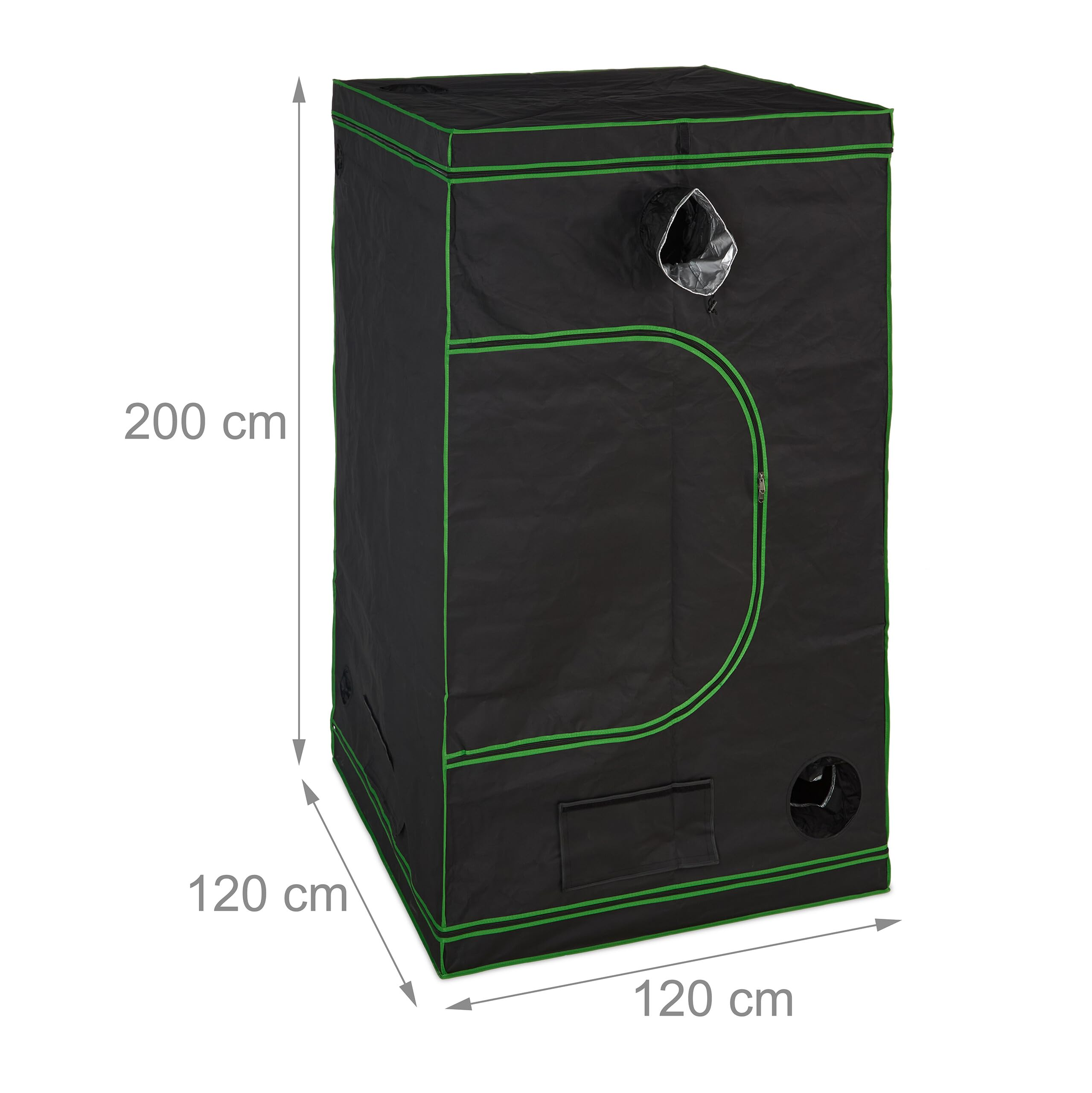 Grow box nera con cuciture verdi e dimensioni di 200x120x120 cm.