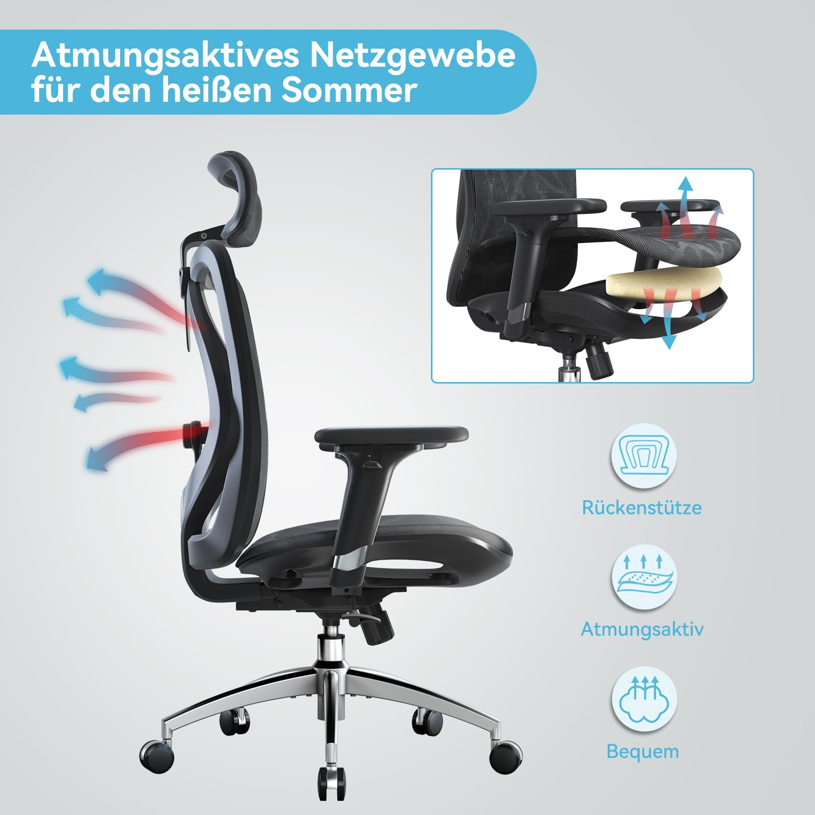 Chaise de bureau noire ergonomique avec maille respirante et icônes de flux d'air bleu et rouge.