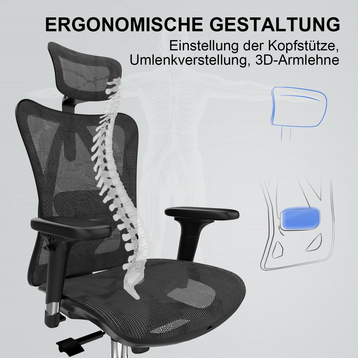 Chaise de bureau ergonomique en filet avec graphique de colonne vertébrale.