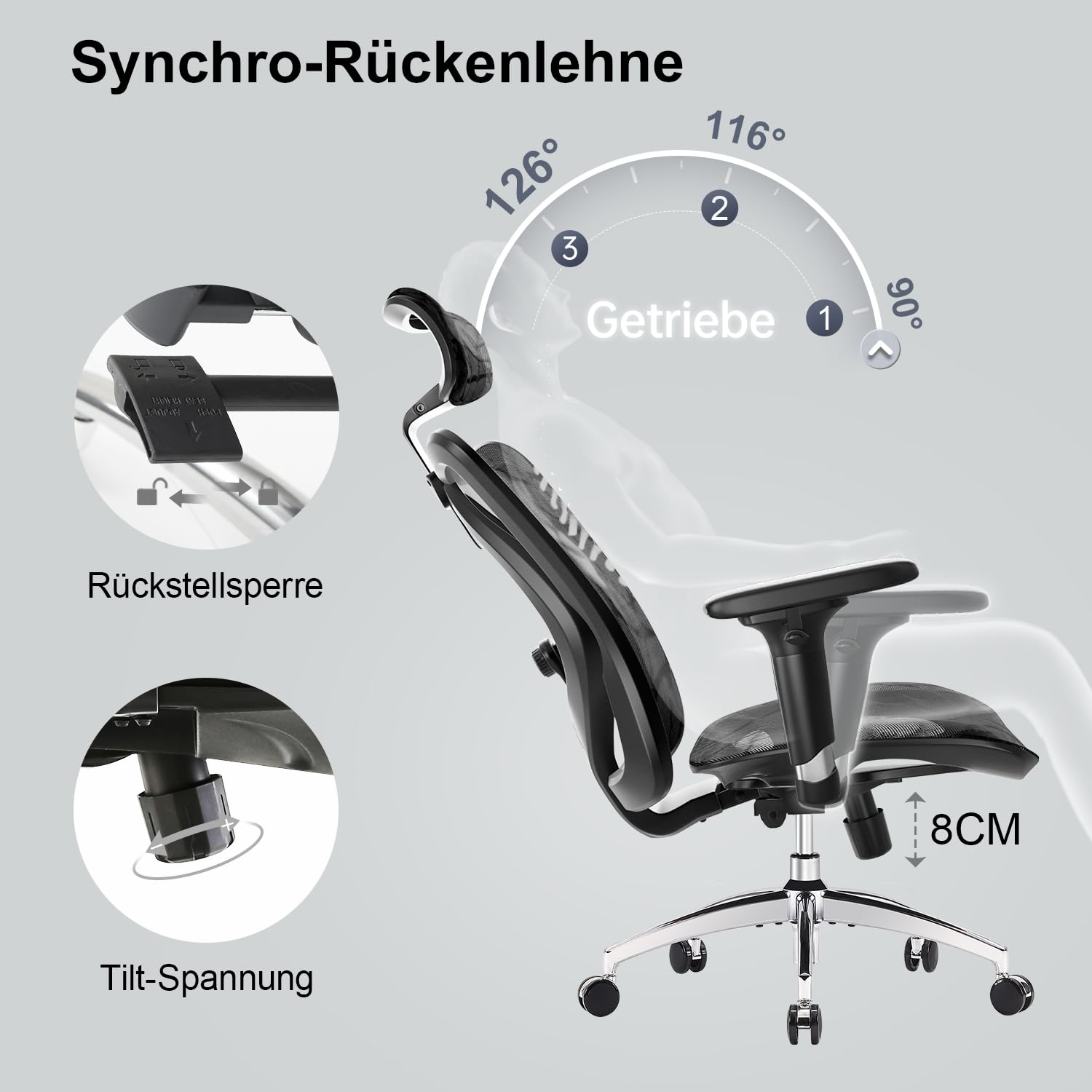 Le diagramme montre les caractéristiques d'une chaise ergonomique avec dossier réglable.