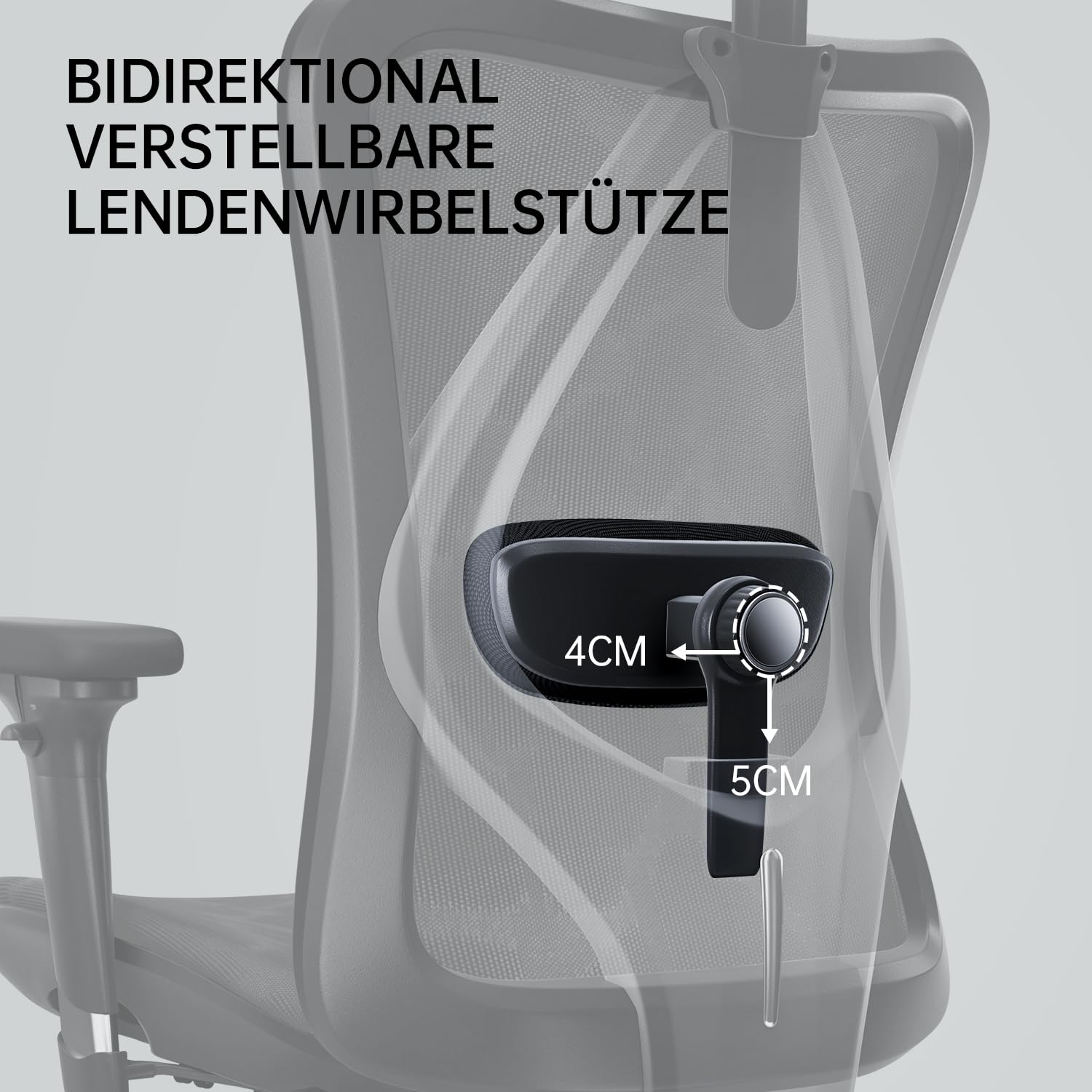 Chaise de bureau avec support lombaire réglable bidirectionnellement montrant des plages de 4cm et 5cm.