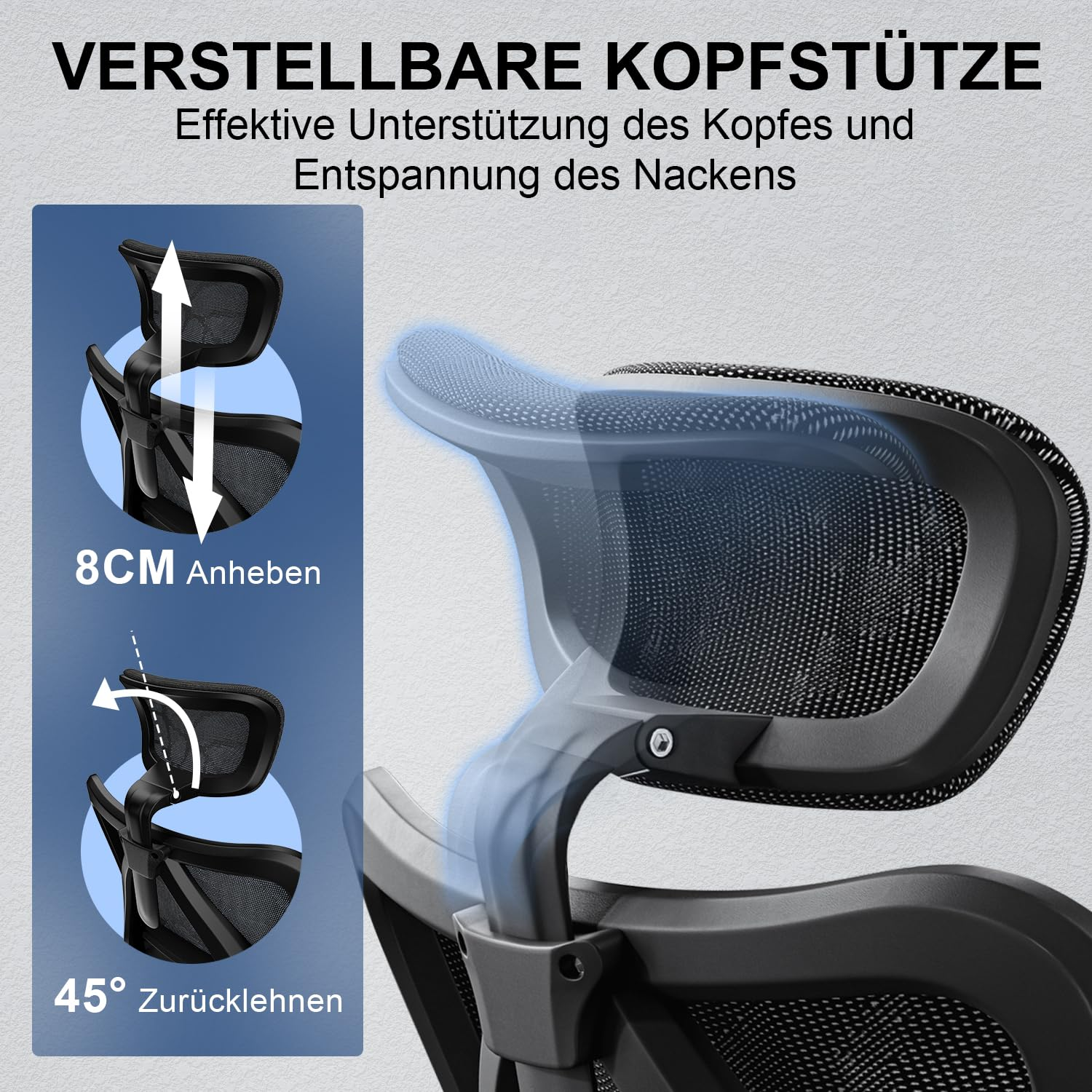 Appui-tête de chaise de bureau avec réglage en hauteur de 8 cm et inclinaison de 45 degrés.