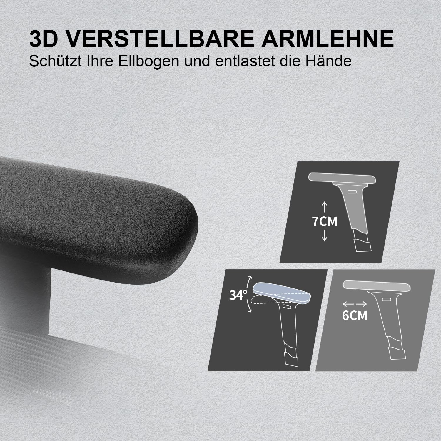 Accoudoir réglable 3D avec réglages de hauteur, d'angle et de profondeur.