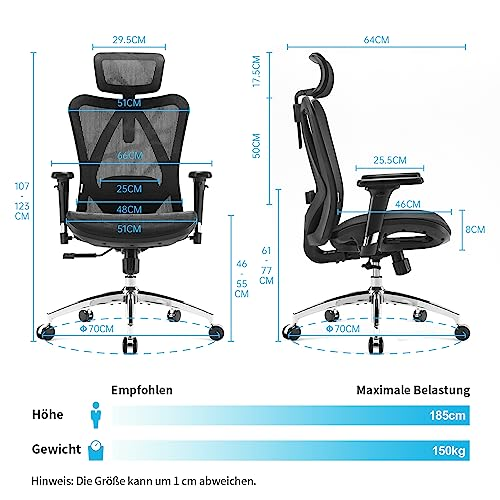 Vue de face et de profil d'un fauteuil de bureau noir avec dimensions, hauteur jusqu'à 185 cm, charge max. 150 kg.