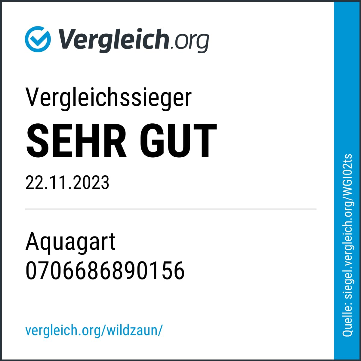Sceau Vergleich.org avec la note Très Bien pour Aquagart du 22.11.2023.