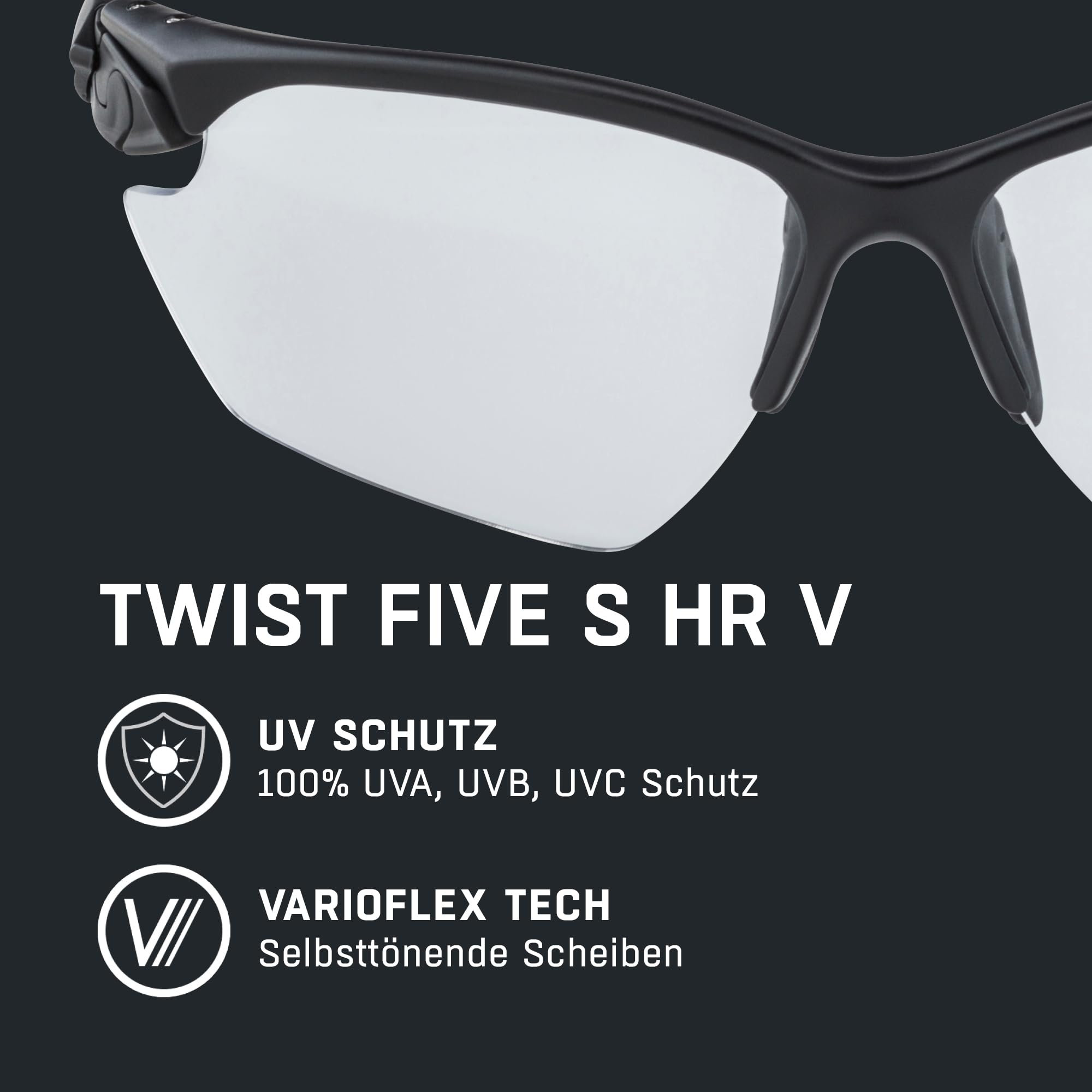 Occhiali sportivi neri Twist Five S HR V con protezione UV e tecnologia Varioflex su sfondo scuro.
