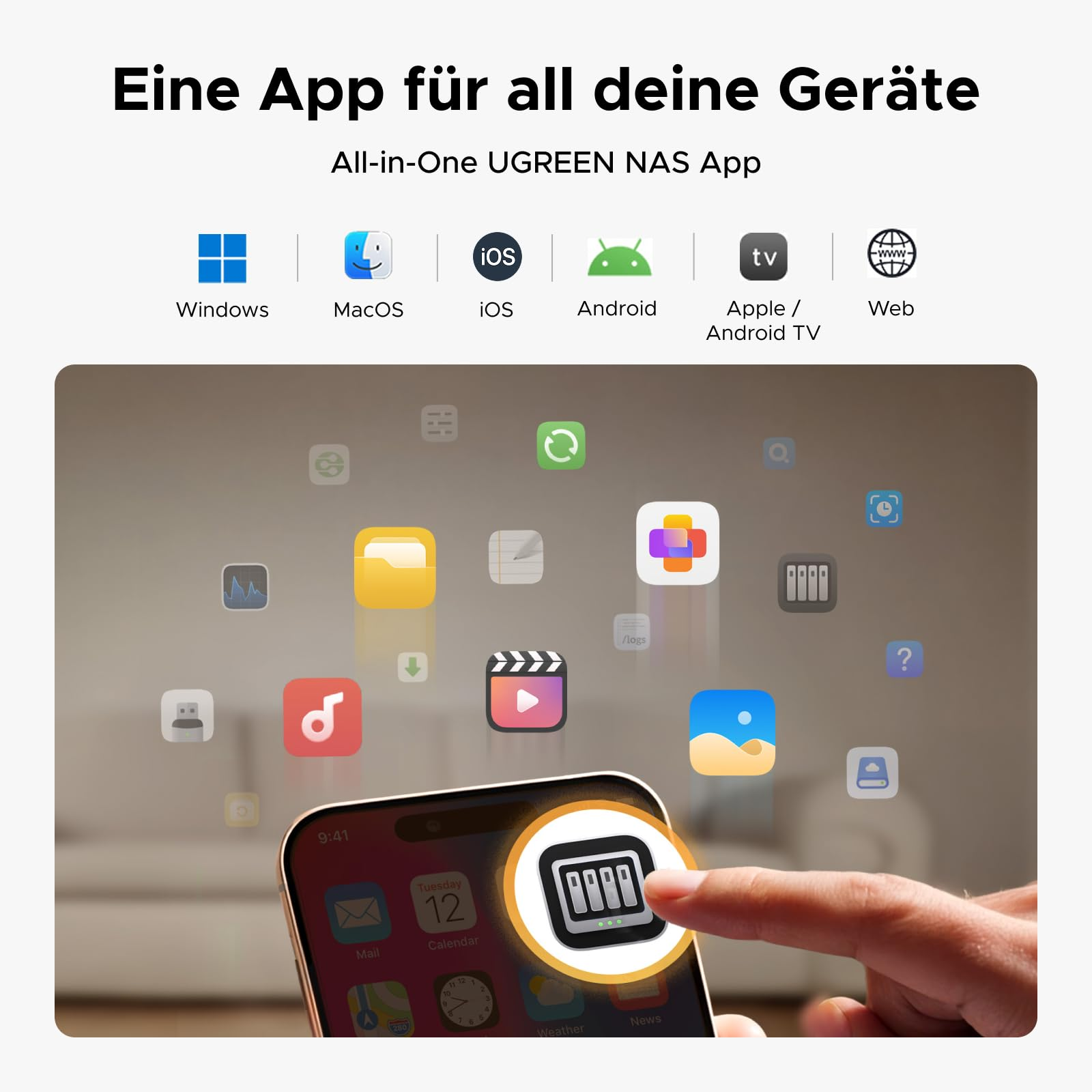 Un smartphone est touché, avec des icônes d'applications pour Windows, macOS, iOS, Android, TV et Web flottant au-dessus.