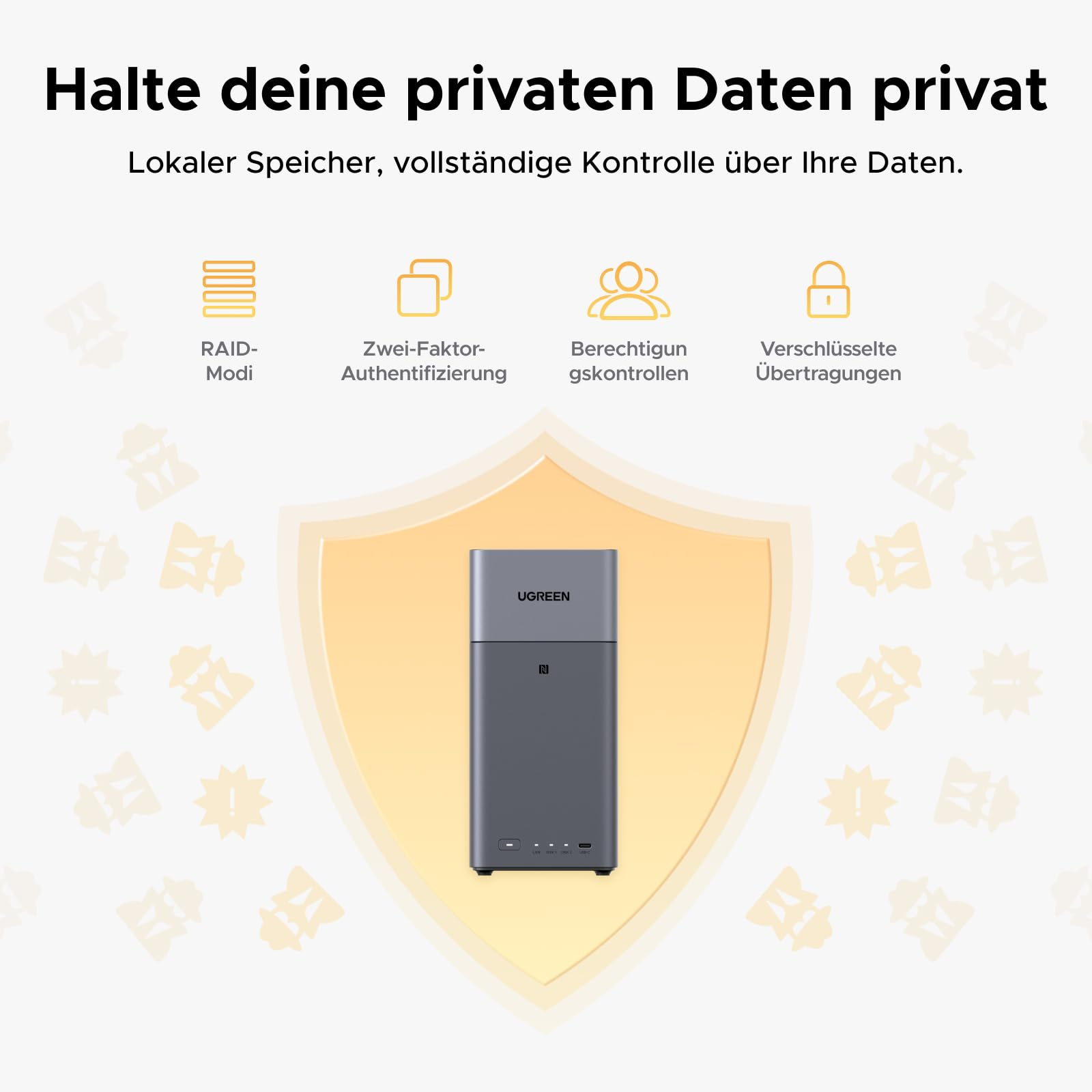 Un serveur NAS UGREEN gris devant un bouclier jaune avec des icônes de sécurité.
