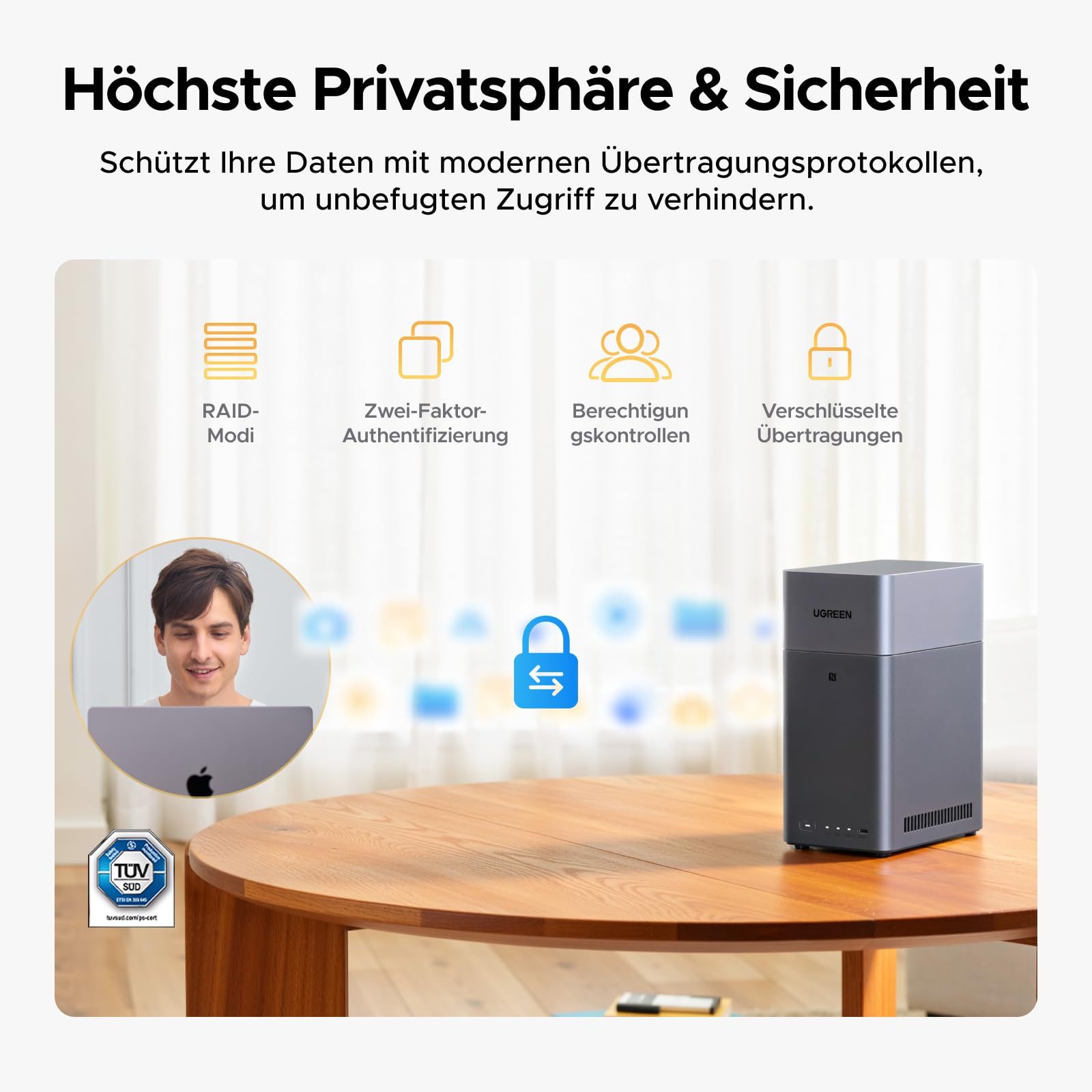 Un appareil NAS gris sur une table en bois, à côté d'un homme sur un ordinateur portable et des icônes de sécurité.