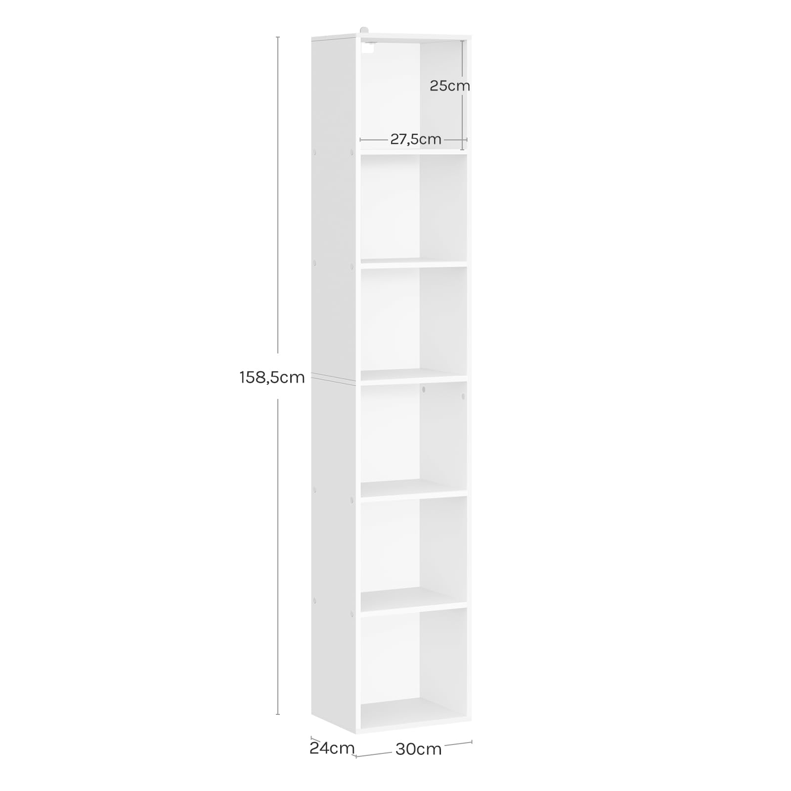 Une étagère haute, blanche et étroite avec des dimensions.