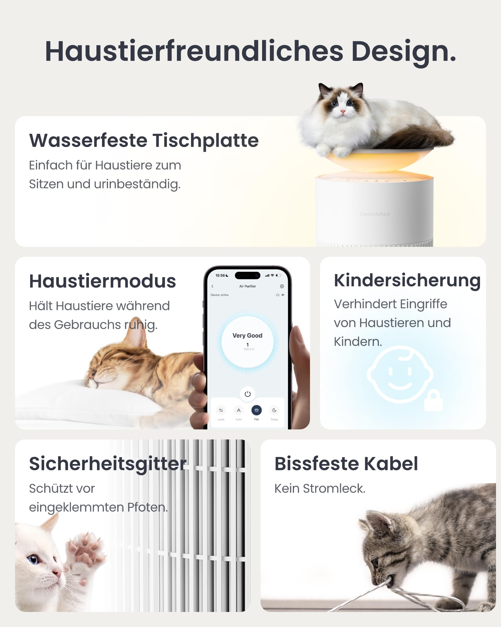 Infografik zeigt haustierfreundliche Designmerkmale eines weißen Luftreinigers mit Katzen und App-Steuerung.