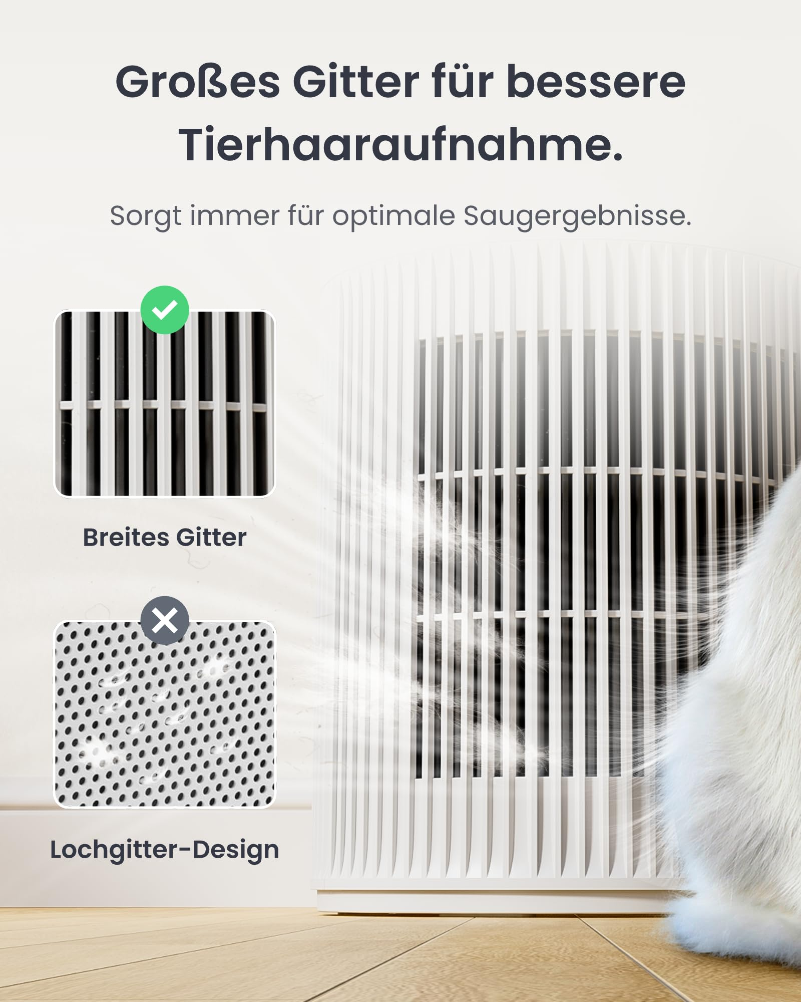 Grafik vergleicht breites Gitter mit Lochgitter für Tierhaaraufnahme.