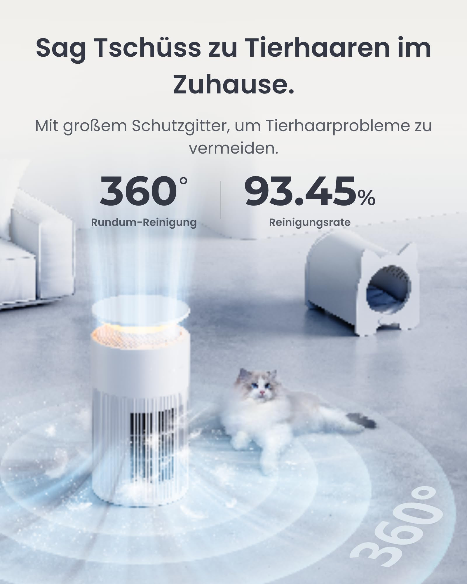 Ein weißer Luftreiniger auf grauem Boden mit einer Katze in der Nähe und deutschem Werbetext.