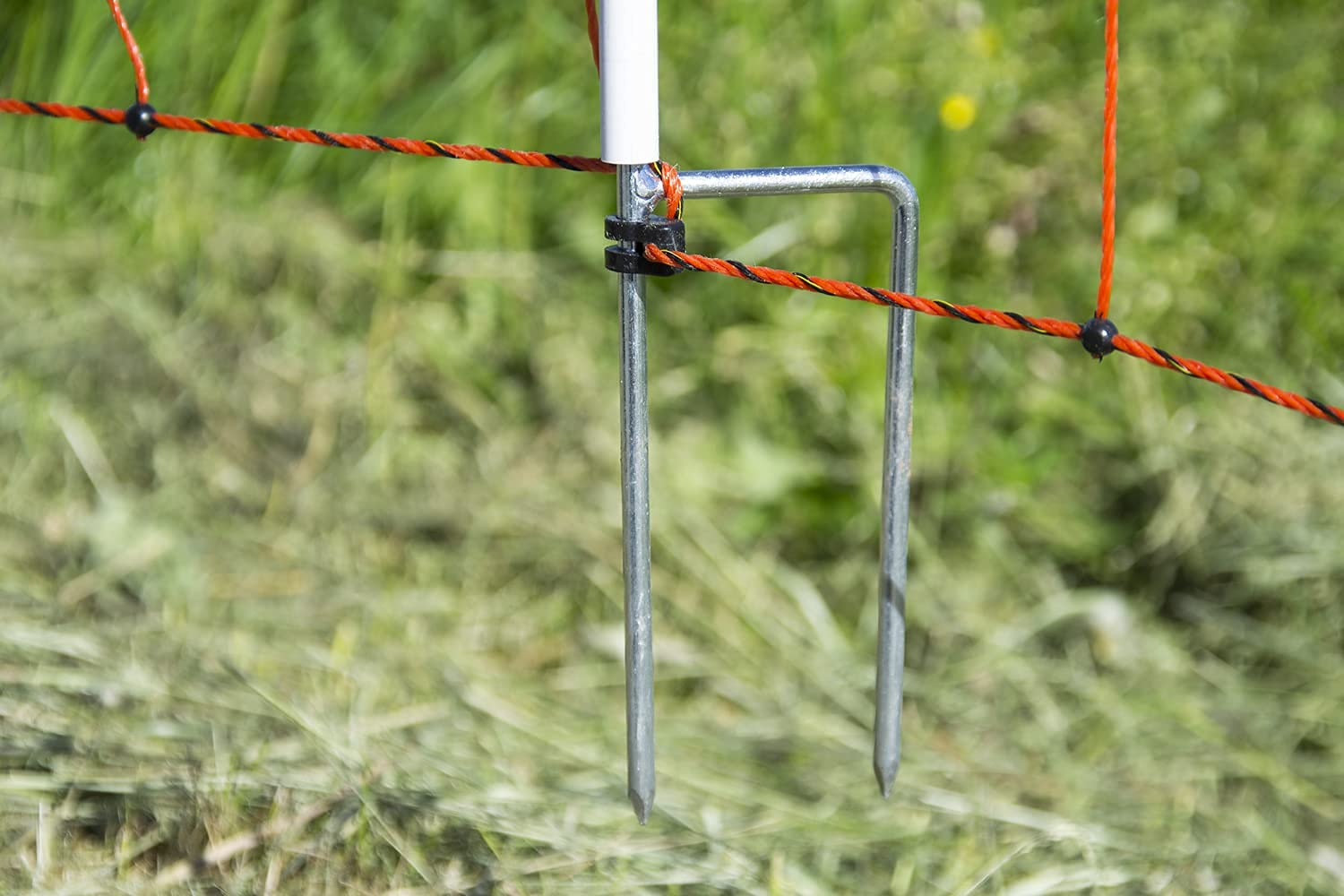 Un ancrage en métal fixe un piquet de clôture blanc et un filet rouge et noir dans l'herbe.