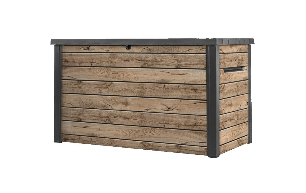 Eine rechteckige Gartenbox mit Holzoptik und dunklen Metallkanten auf weißem Hintergrund.