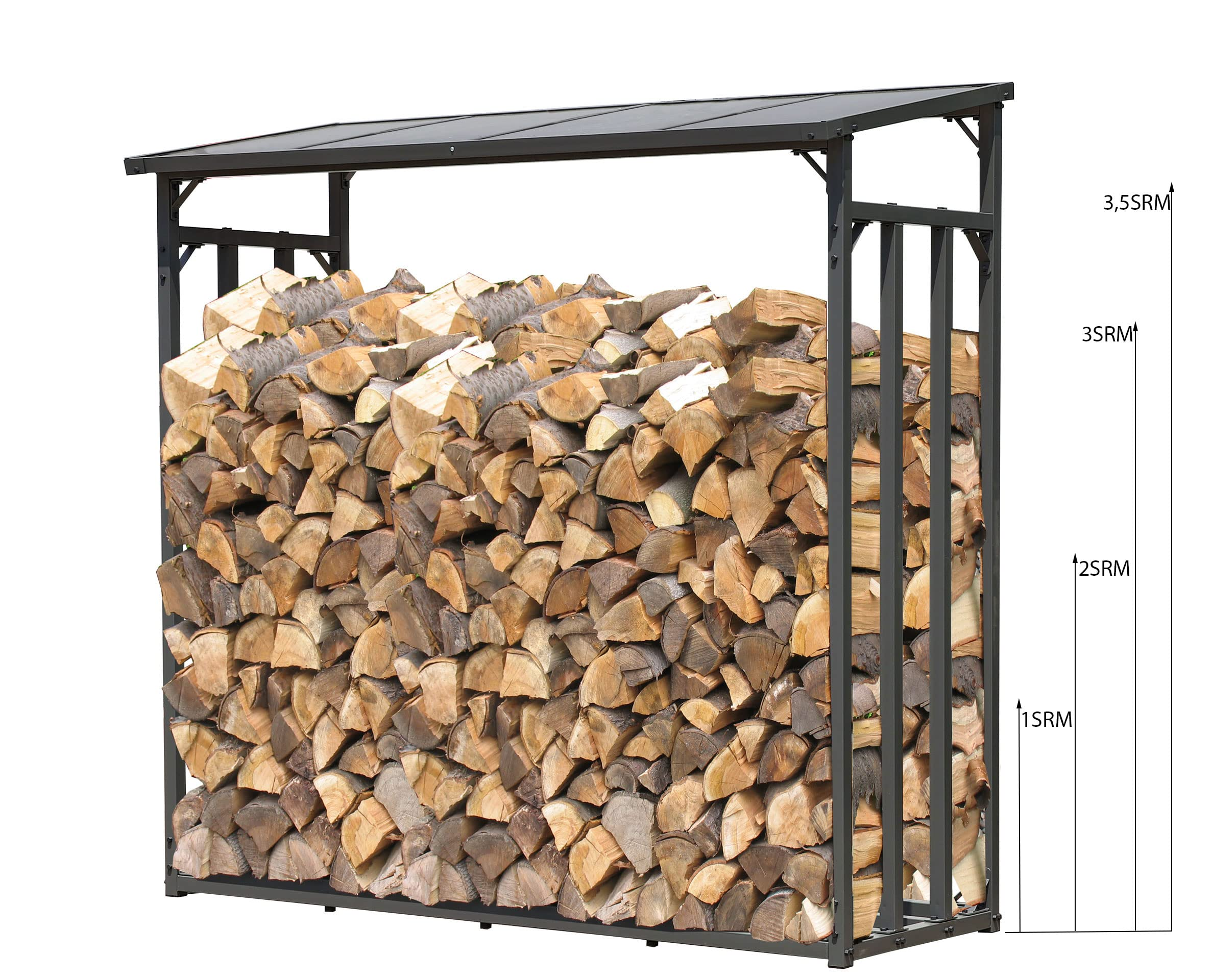 Un abri-bûches métallique noir est rempli de bois de chauffage empilé. Des repères de mesure SRM sont à droite.