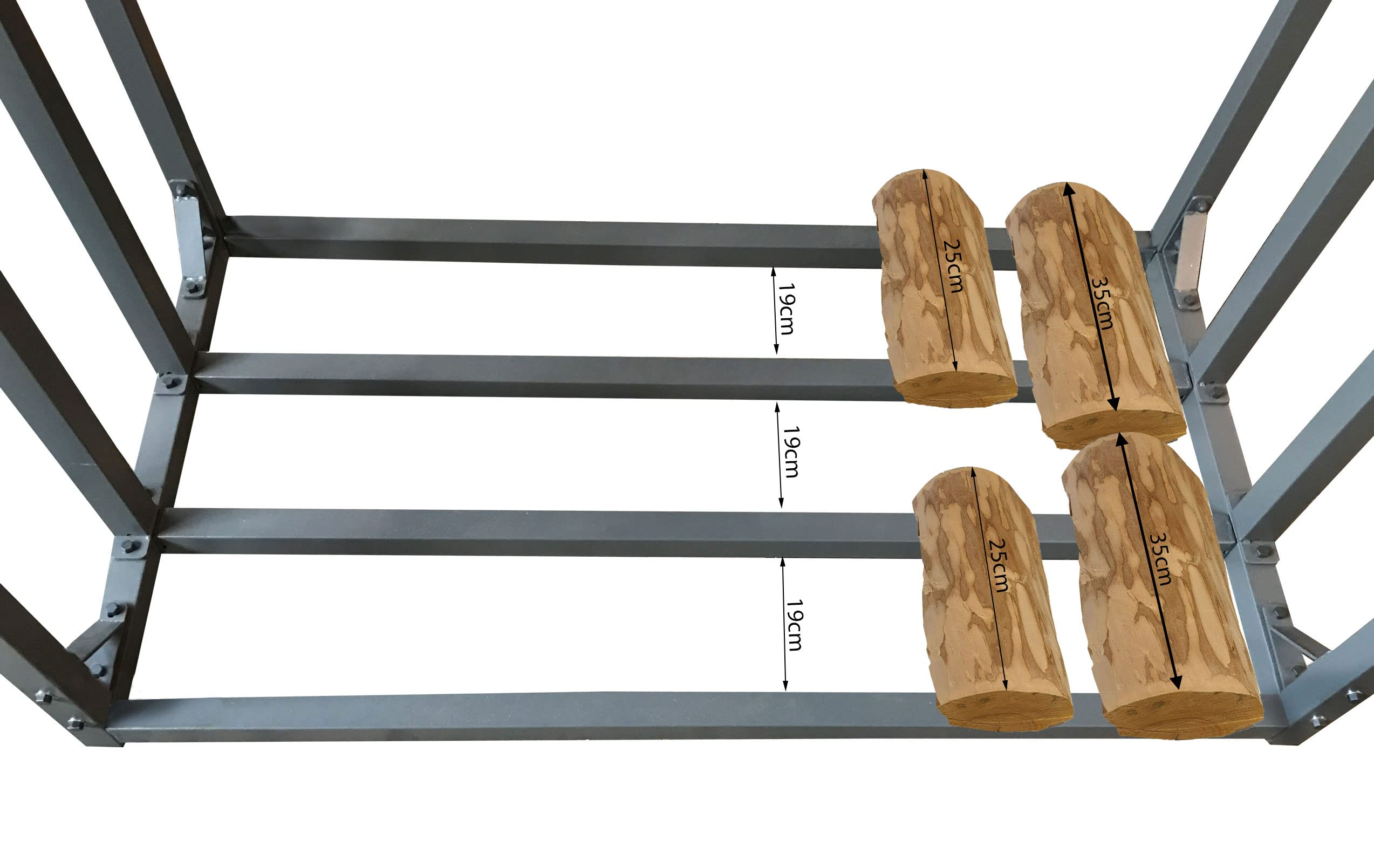 Sueld-bûches en métal gris avec quatre bûches, espacement de 19 cm et longueurs de 25 cm et 35 cm.