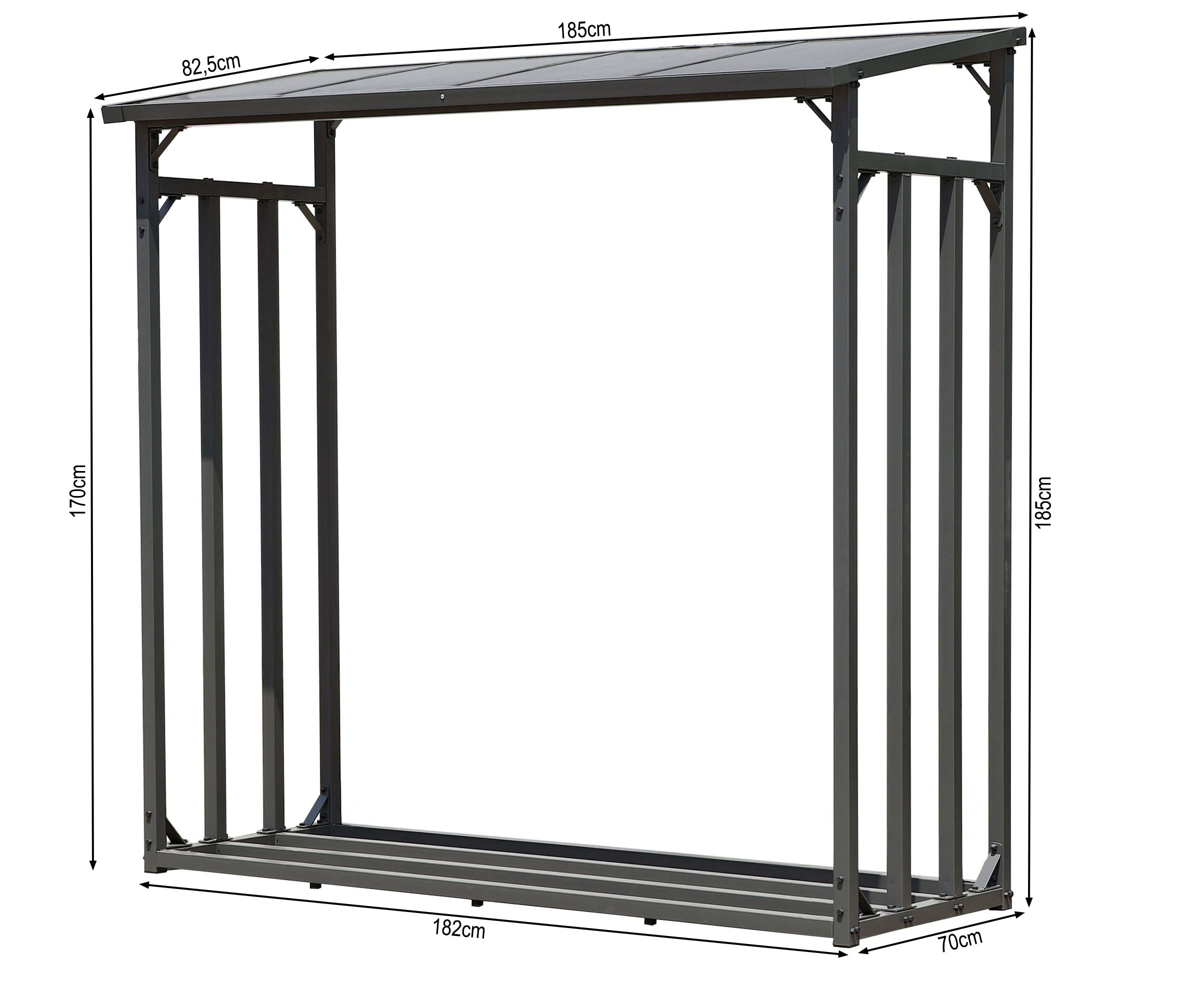 Abri à bois de chauffage en métal gris avec cotes de hauteur, largeur et profondeur sur fond blanc.